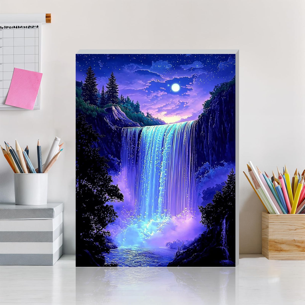 DOMROM Framed Paint by Numbers Kit for Adults Beginners with Wooden Easel, DIY Starry Waterfall Paint by Number Kit on Canvas, DIY Oil Painting Kits for Home Wall Decor Gift 12x16inch DOMROM
