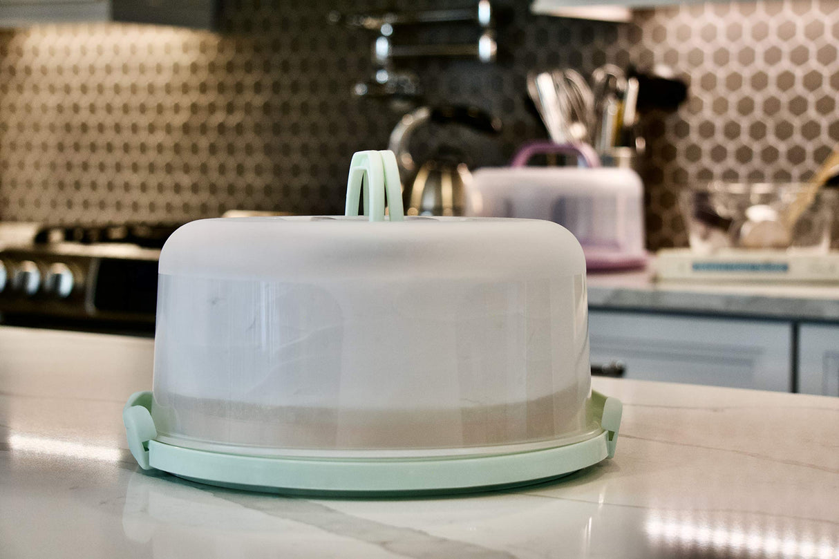 Top Shelf Elements Round Cake Carrier Two Sided Cake Holder Serves as Five Section Serving Tray, Portable Fits 10 inch Cake, Box Comes With Handle, Container Holds Pies (Green) Top Shelf Elements