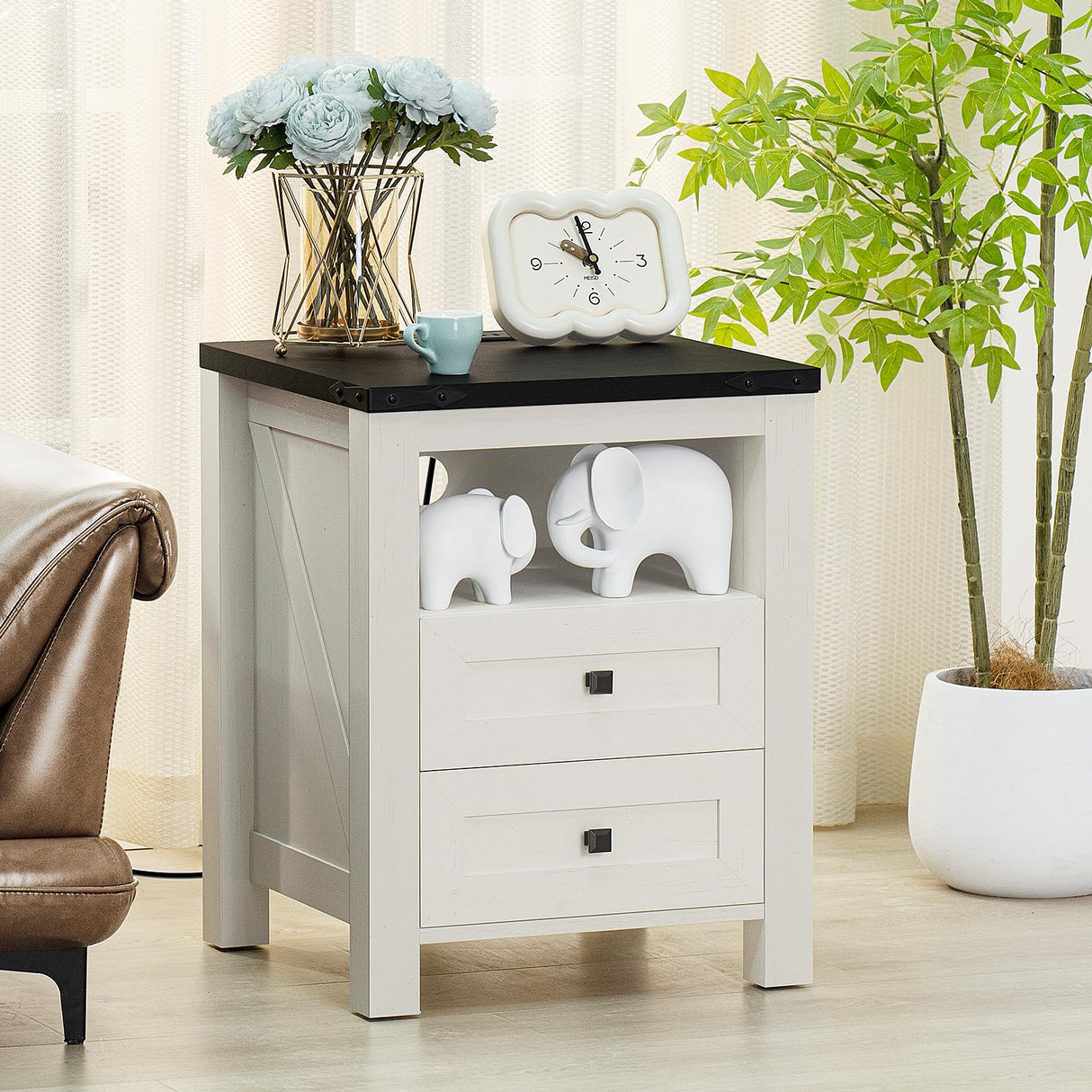 Joaxswe Nightstand with Charging Station and USB Port, Farmhouse Night Stand with 2 Drawers and Shelf Storage, Wooden Side End Table, Bedside Cabinet for Bedroom, Living Room, Closet, Office (White) Joaxswe