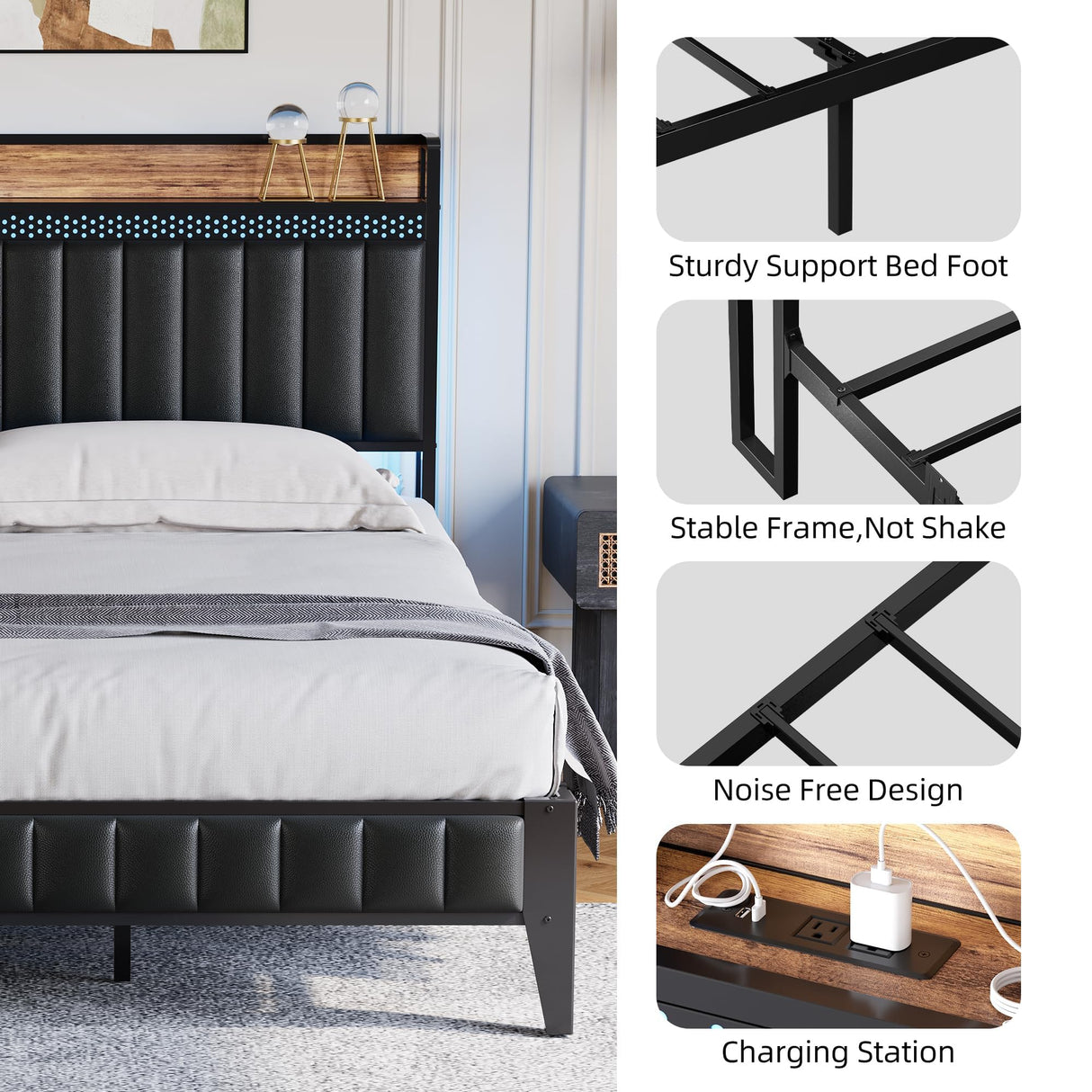 IDEALHOUSE King Bed Frame with Charging Station, LED Bed Frame with Storage Headboard, Upholstered Platform Bed Frame, No Box Spring Needed, Easy Assembly, Black IDEALHOUSE