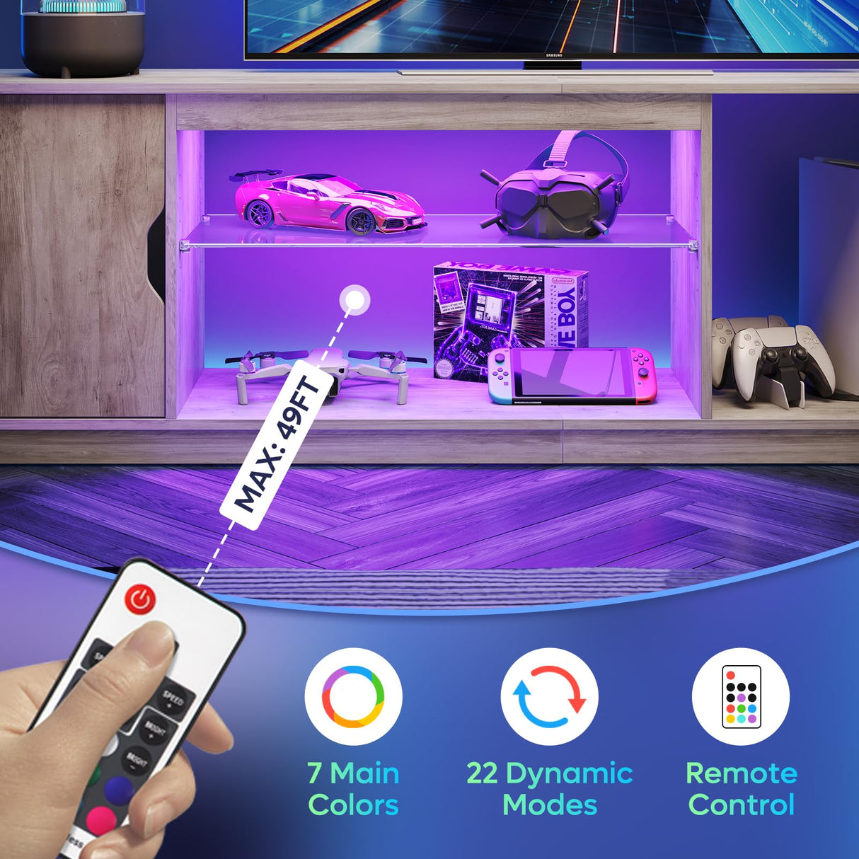 Bestier Led Entertainment Center for PS5, Gaming TV Stand with Cabinet for 60/65 Inch TV, Modern TV Console with Adjustable Glass Shelf for Living Room Easy Assembly (Washed Gray, 70 Inch) Bestier