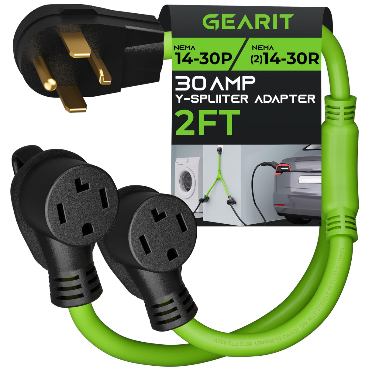 GearIT 4 Prong Dryer Y-Splitter 30 Amp NEMA 14-30P to (2) NEMA 14-30R Receptacle - STW 10AWG 4C Power Cord Adapter for Multiple Outlet Dryer Outlet and EV Charger - 2.2 Feet GearIT