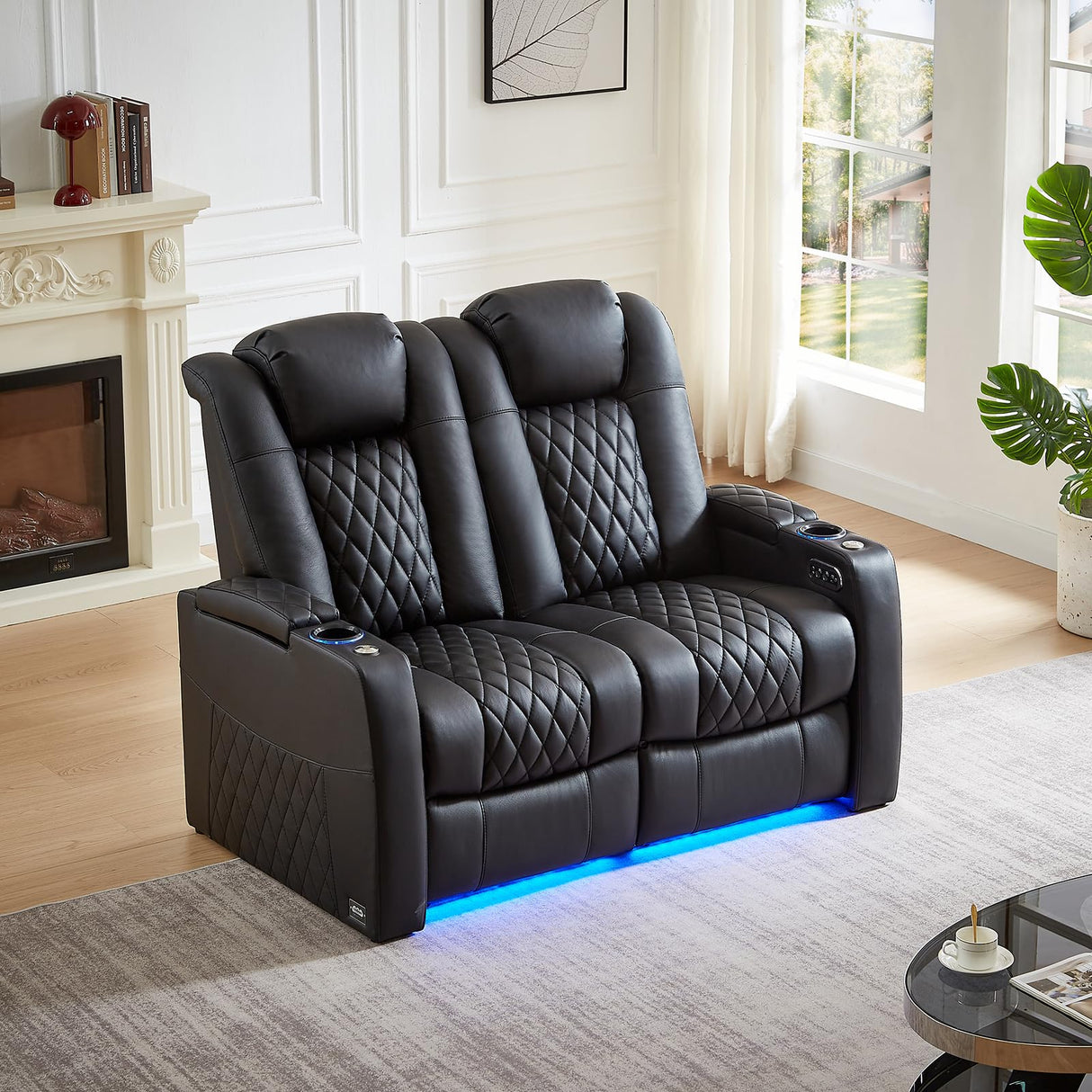 comfiroom Home Theater Seating Seats Classic Series Top Grain Nappa Leather Loveseat Recliner Chairs Dual Power Movie Gaming Sofa Chair Electric Headrest with Tray Table (Black, Row of 2 Loveseat) comfiroom