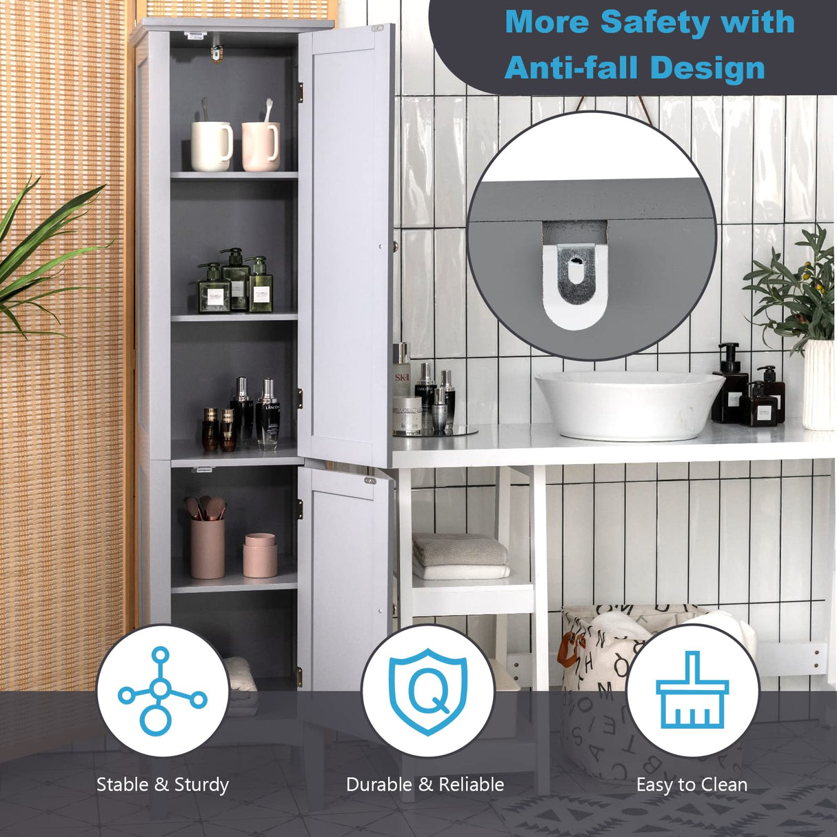 Tangkula 5-Tier Freestanding Grey Bathroom Storage Cabinet with Doors and Shelves Tangkula