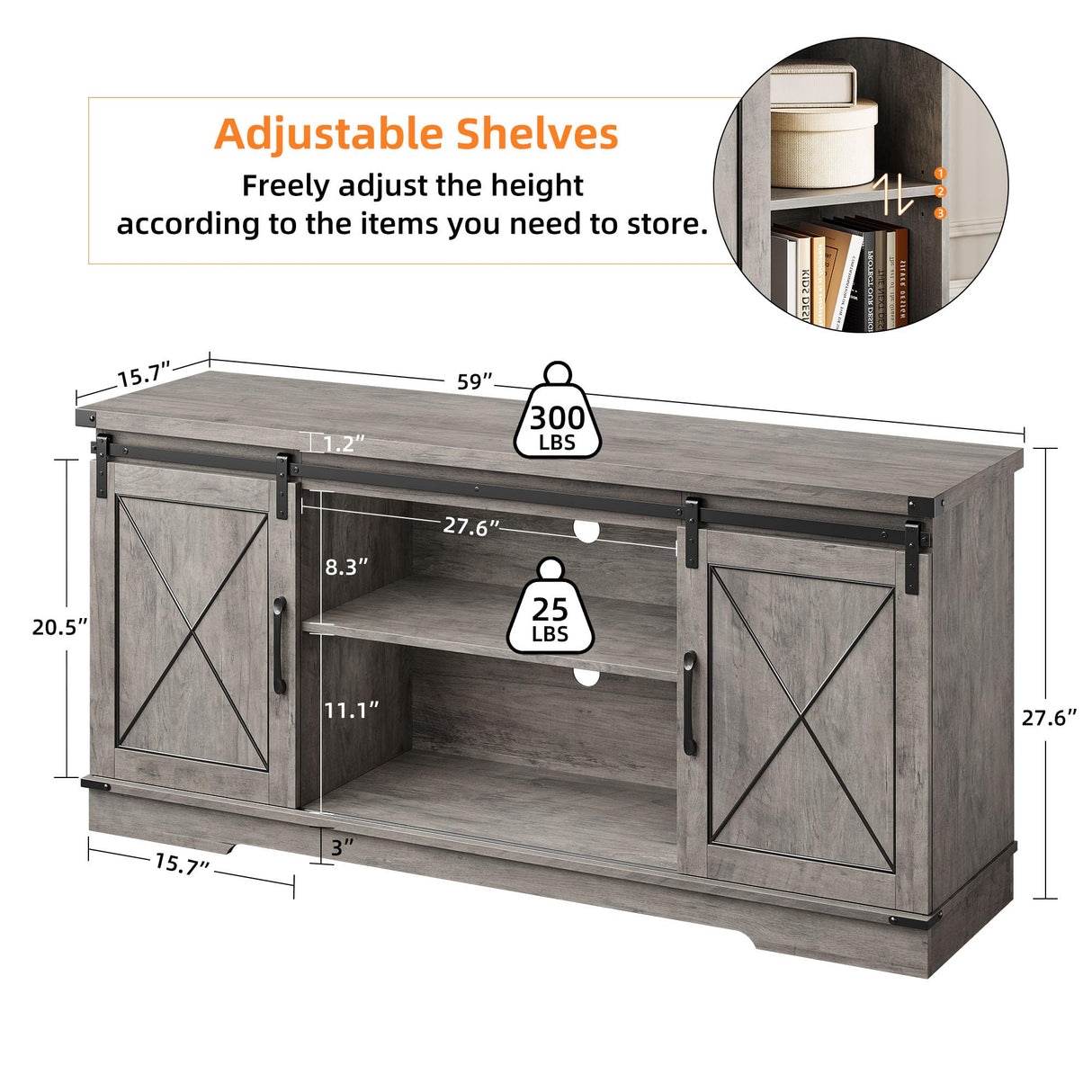 CABIHOME Farmhouse TV Stand and Entertainment Center for TV Up to 65 Inches with Sliding Barn Doors and Adjustable Shelf, TV Media Storage Console Table and Furniture for Living Room, Bedroom, Grey CABIHOME