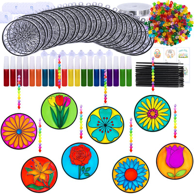 Winlyn 24 Set Spring Flower Suncatchers Ornaments Decorations DIY Window Paint Art Kit for Kids Classroom Activities Party Favors