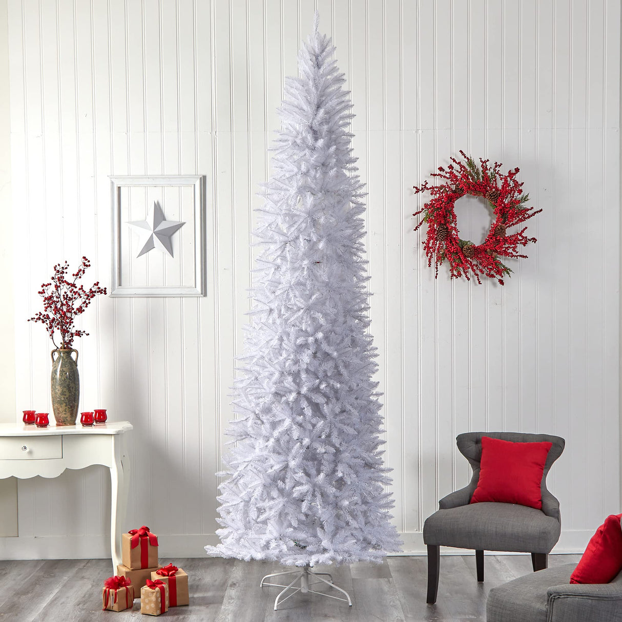 Nearly Natural 10ft. Slim White Artificial Christmas Tree with 800 Warm White LED Lights and 2420 Bendable Branches Nearly Natural