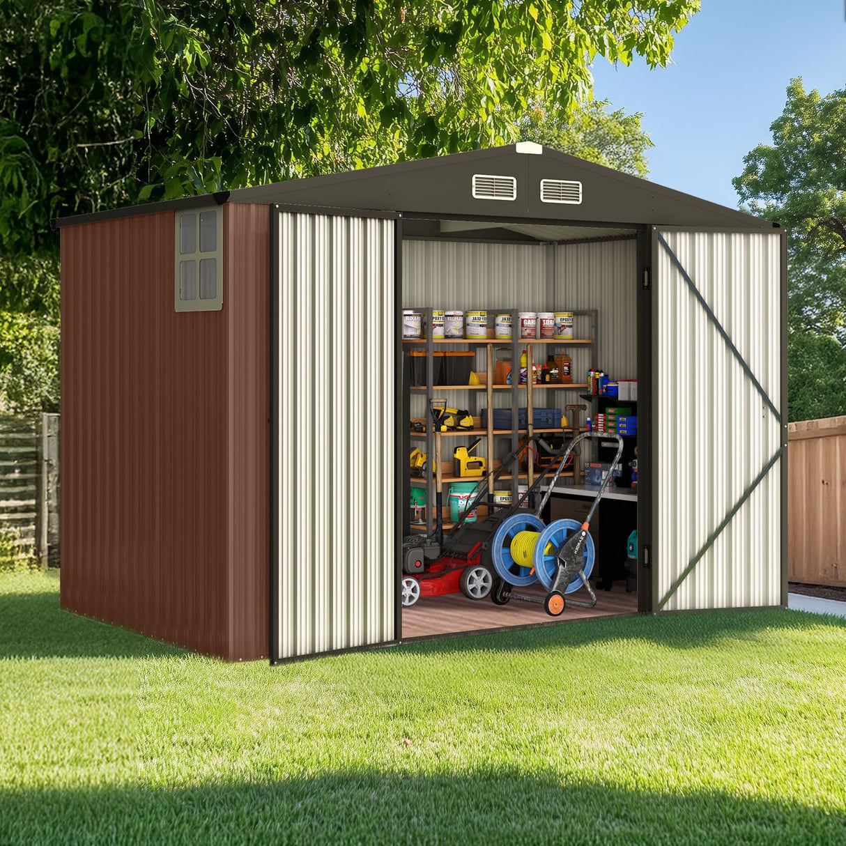 Quictent Heavy Duty 8X6 FT Outdoor Metal Storage Shed, Lockable Tool Shelter Waterproof Shed for Garden, Backyard, Lawn and Patio Scene with Combination Lock, Brown(8.2X5.8 FT Base, No Floor) Quictent