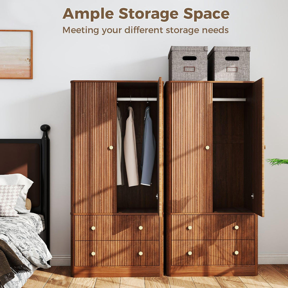 AraSyleon Wooden Wardrobe, Bedroom Armoire Closet with Drawers and Hanging Rod, Modern Fluted Gold Metal Handles, Large-Capacity Clothing Storage Cabinet, 66 inches Tall, Walnut AraSyleon