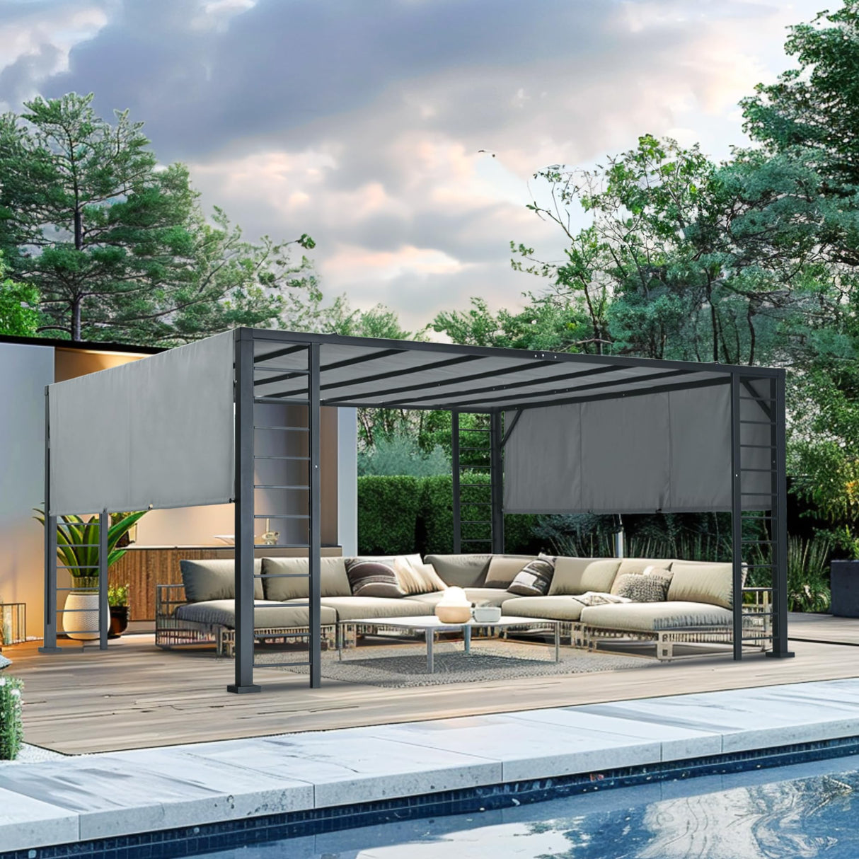 LUXIJOY 13' x 15' Aluminum Retractable Pergola, Modern Silver Outdoor Patio Gazebo with Fixed Canopy and Unique Column Design LUXIJOY