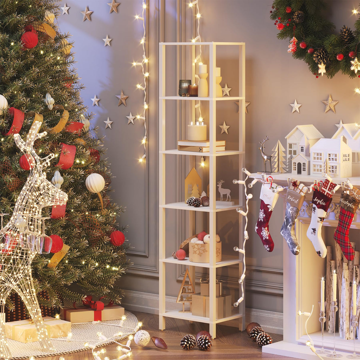 TUTOTAK Bookshelf, 6-Tier Tall Book Shelf, Narrow Bookcase for Small Space, DIY Stackable Bookshelf, for Living Room, Office, Study, Entryway, Industrial, White BS01BW006 TUTOTAK