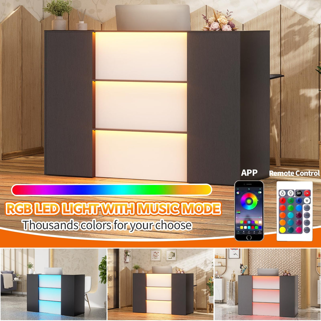 PAKASEPT Modern Reception Desk with LED Lights, 63 Inches Front Counter Table with Lockable Drawer & Shelves, Checkout Counter for Reception Room, Lobby, Beauty Salon, Retail, Office(Black) PAKASEPT
