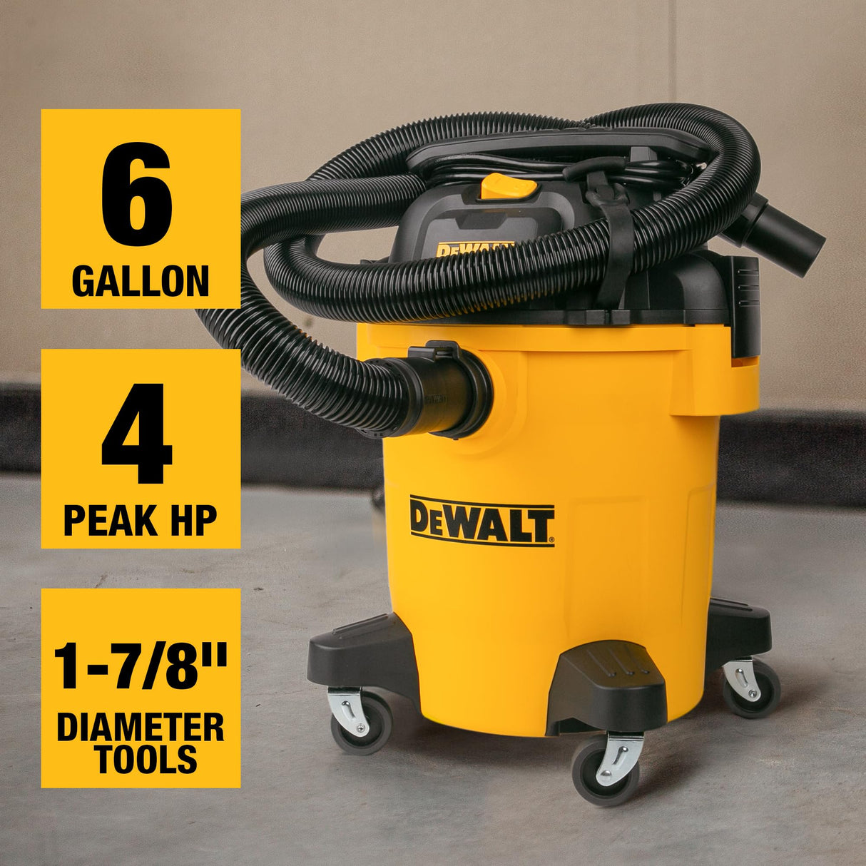 DEWALT Shop Vacuum 6 Gallon 4HP Poly Wet Dry Vacuum Ultimate Cleaning Solution for Construction Workshop Environments for Jobsite Garage Home W/Inflation Ket, Yellow, DXV06PL DEWALT
