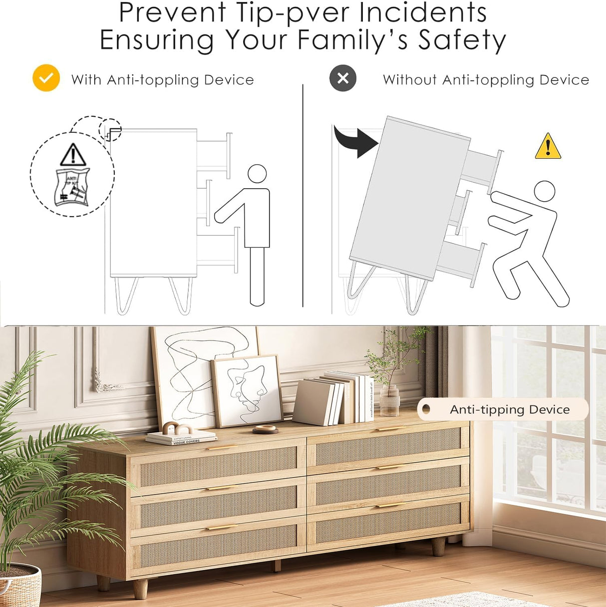 6 Drawer Double Dresser for Bedroom,Natural Rattan Modern Drawer Chest,Wooden Storage Wardrobe Dresser with Gold Handles,Floor Standing Storage Cabinet, for Entrance,Living Room,Hallway-Natural Generic