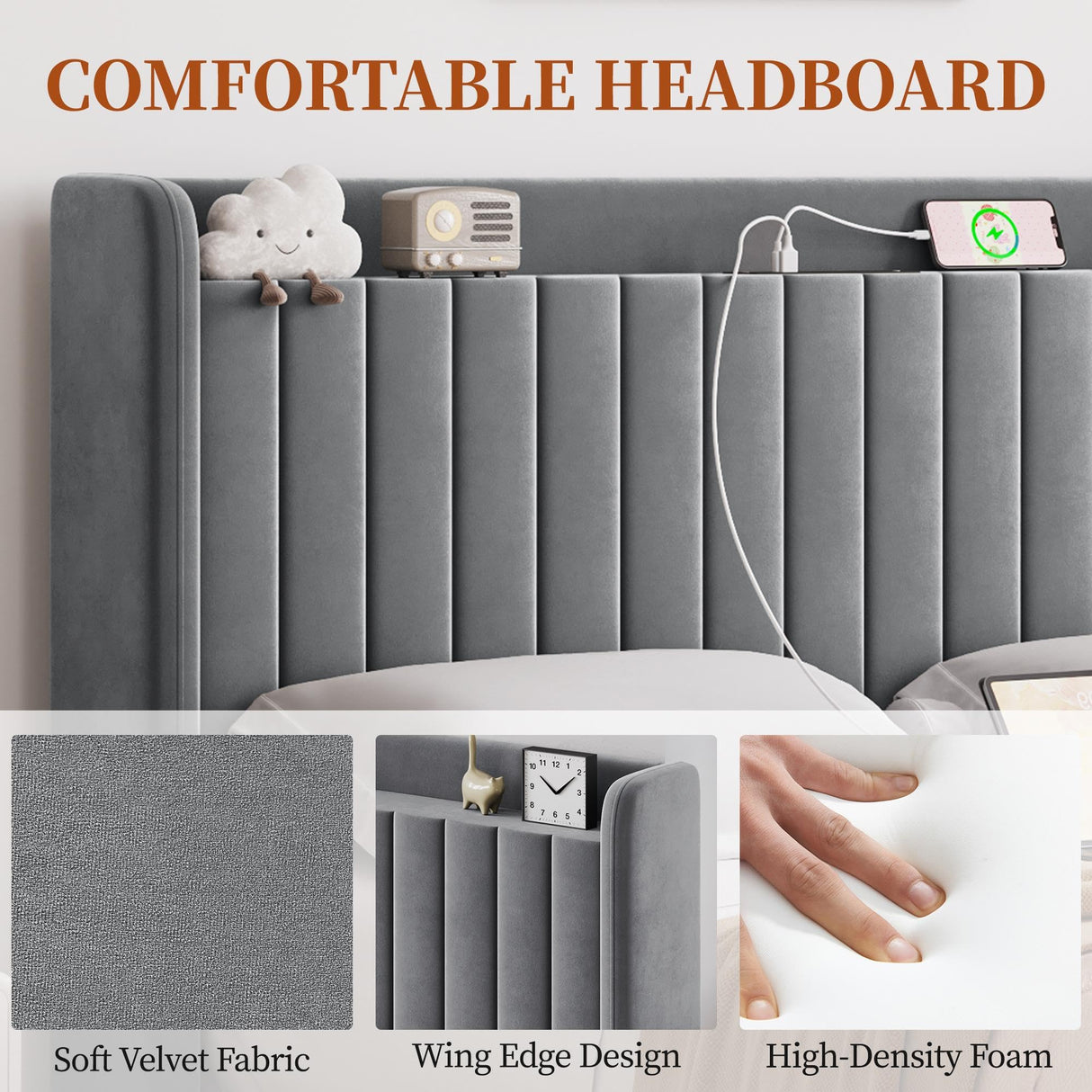 Yaheetech Queen Bed Frame with USB Charging Station and Storage Shelf/Upholstered Headboard Platform Bed with Wing Side/Wooden Slats Support/Noise Free/No Box Spring Needed/Easy Assembly, Light Grey Yaheetech