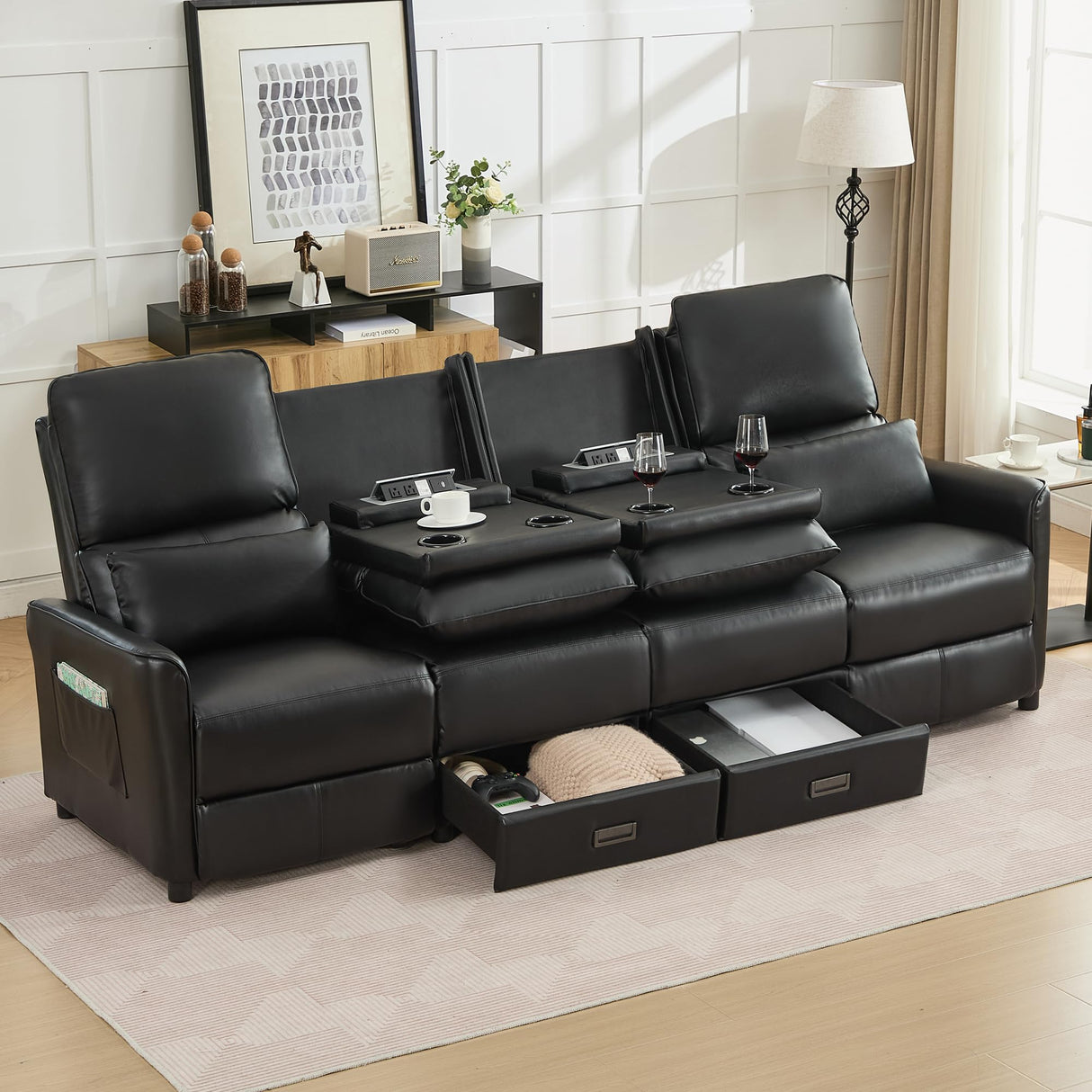 DRMBOOK 96'' RV 4 Seater Recliner Sofa, Faux Leather Three Camper Couch 4 Seater Recliner, Home Movie Theater Seating Chair, 4 Person Push Back Recliners for Living Room, Black DRMBOOK