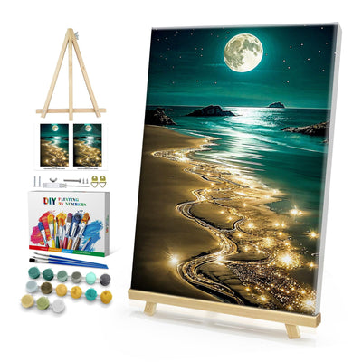 HeeBenor Framed Paint by Numbers Kit for Adults, Moon Paint by Number with Easel, DIY Beach Moon Landscape Oil Painting Kit, Adult Paint by Number Kits Framed Canvas for Home Decor 8x12 Inch