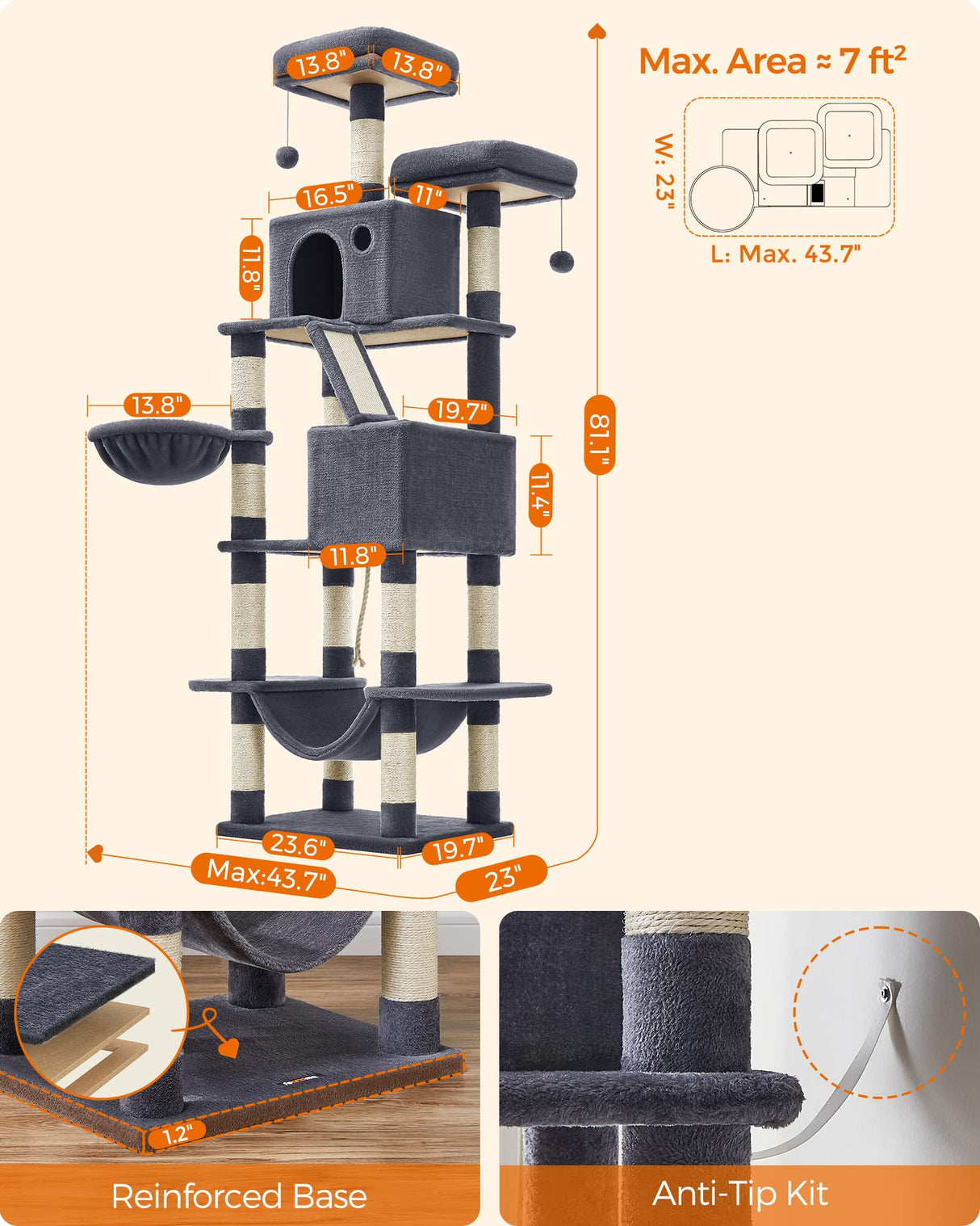 Feandrea Cat Tree, 81.1-Inch Large Cat Tower with 13 Scratching Posts, 2 Perches, 2 Caves, Basket, Hammock, Pompoms, Multi-Level Plush Cat Condo for Indoor Cats, Smoky Gray UPCT190G01 Feandrea