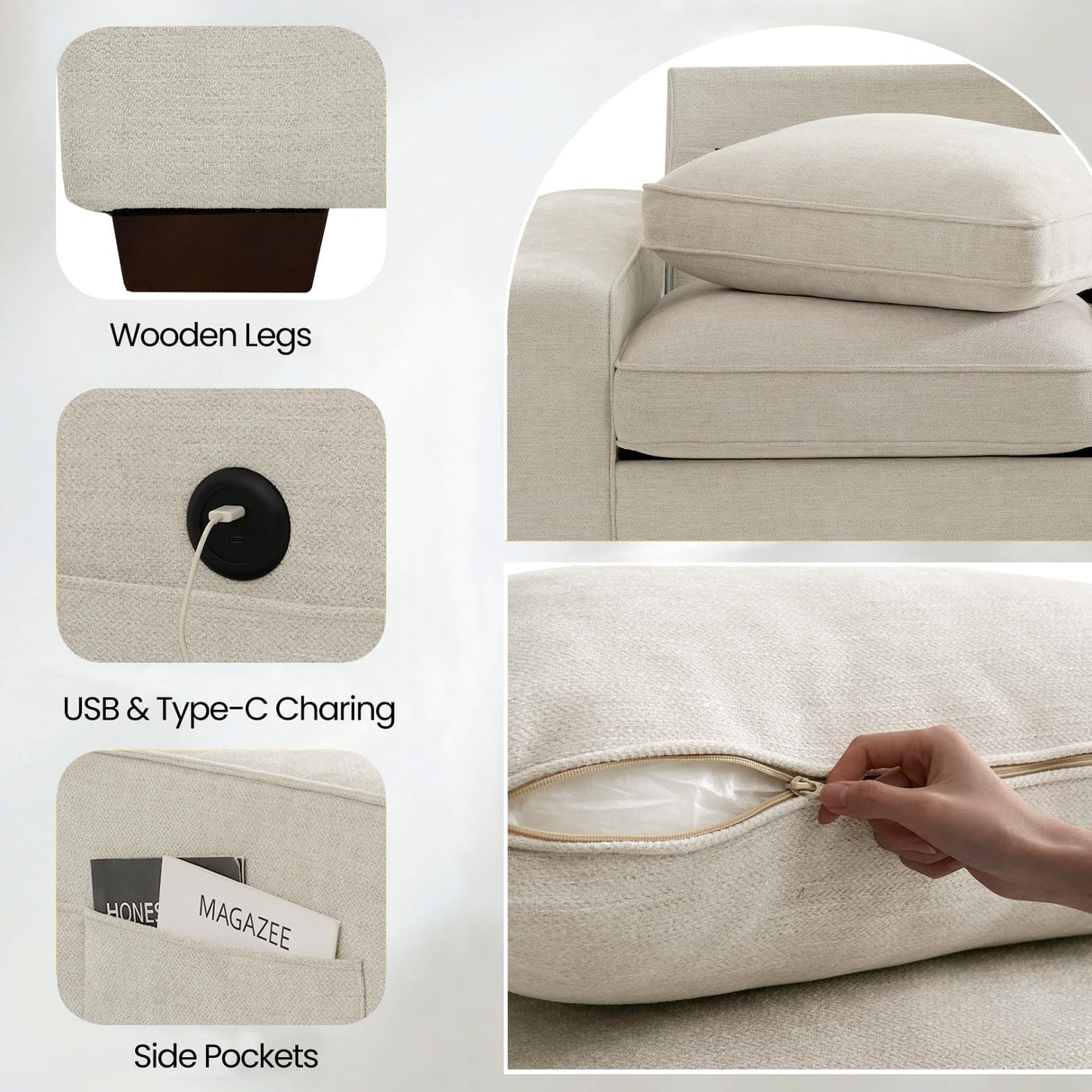 TEKAMON 100" Modular Sofa Couch with Seats Storage, Comfy 3-Seater Chenille Fabric Couch for Living Room, Office, Apart W/Deep Seat, Wide Arms, Side Pockets, USB, Upholstered Couch W/Removable Cover TEKAMON