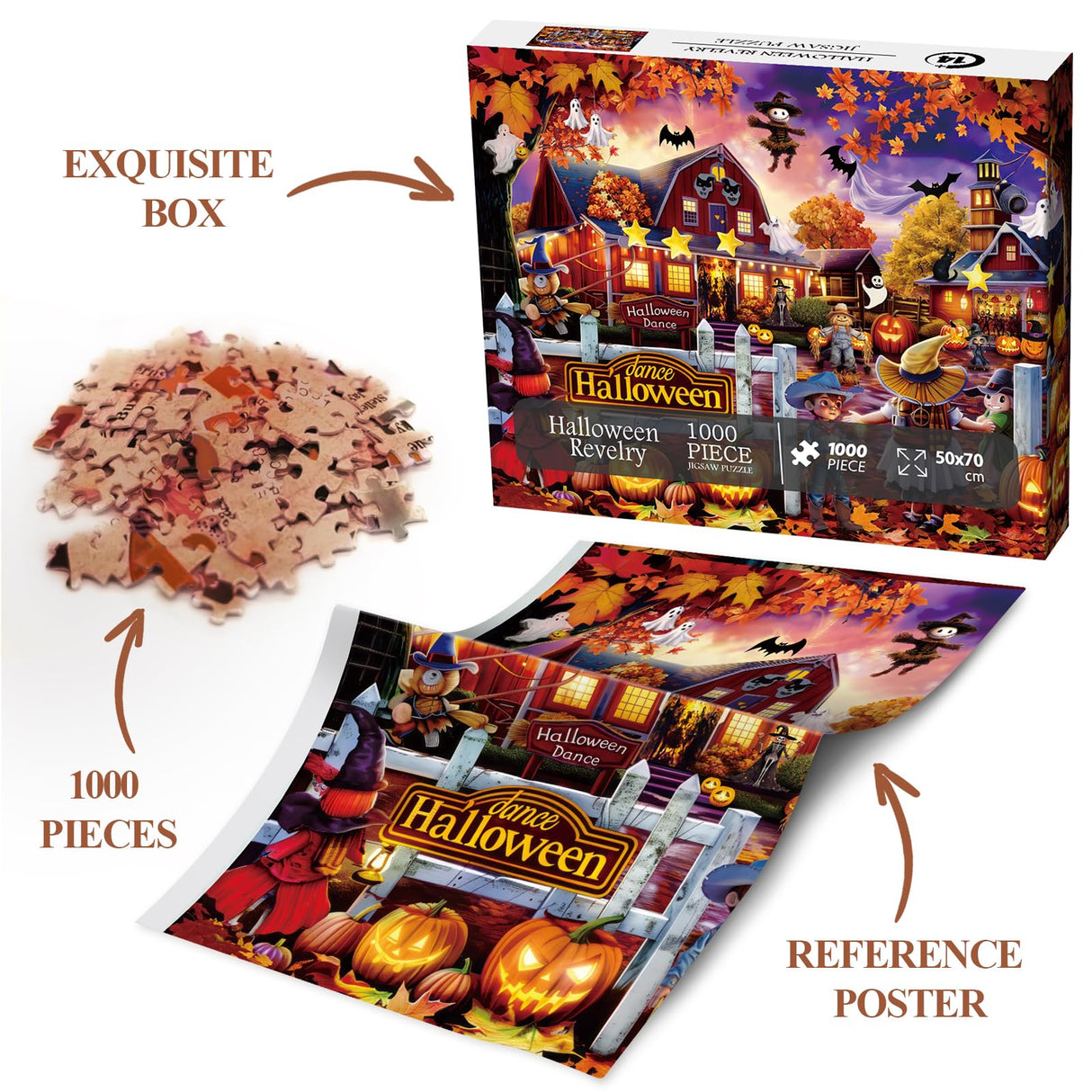 Halloween Holiday Horror Puzzles for Adults 1000 Pieces, Fall Barn Jigsaw Puzzle, Scary Pumpkin Ghost Puzzles BBOLDIN