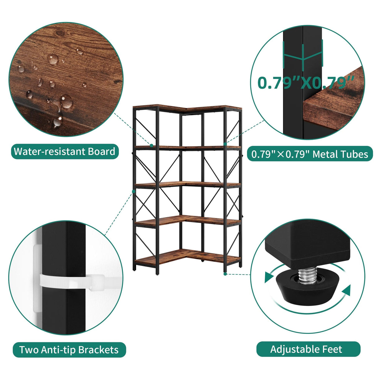 YITAHOME Corner Bookshelf, Industrial Corner Shelf 5 Tier Bookcase, Large Display Rack Storage for Bedroom, Living Room, Home Office,Rustic Brown YITAHOME