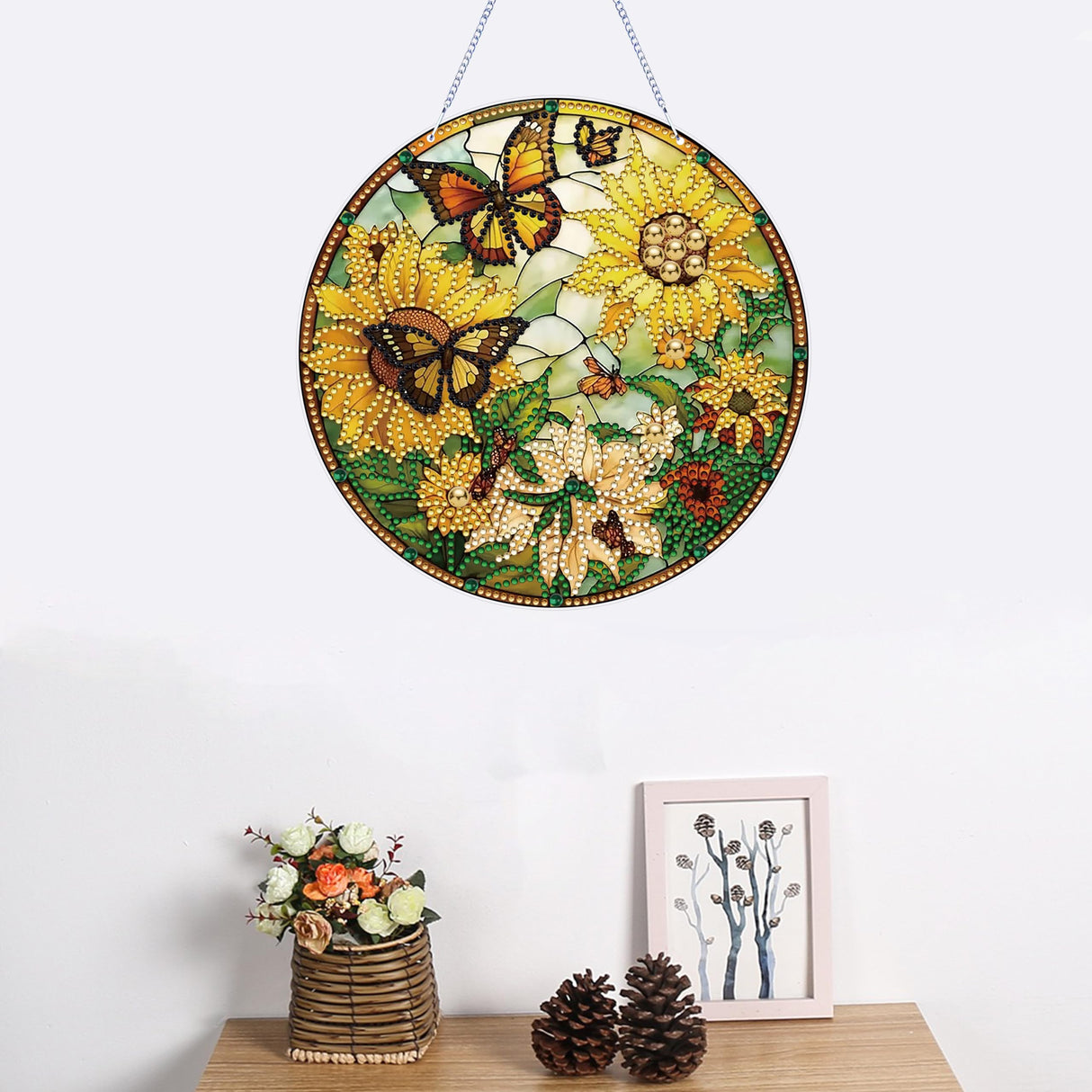 LYENYI 5D Sunflower Butterfly Diamond Painting Kits for Adults Hanging Sign Wall Art Sign Diamond Art Suncatcher Hanging Ornament Home Garden Wall Door Hanging Painting Kits, Yellow LYENYI