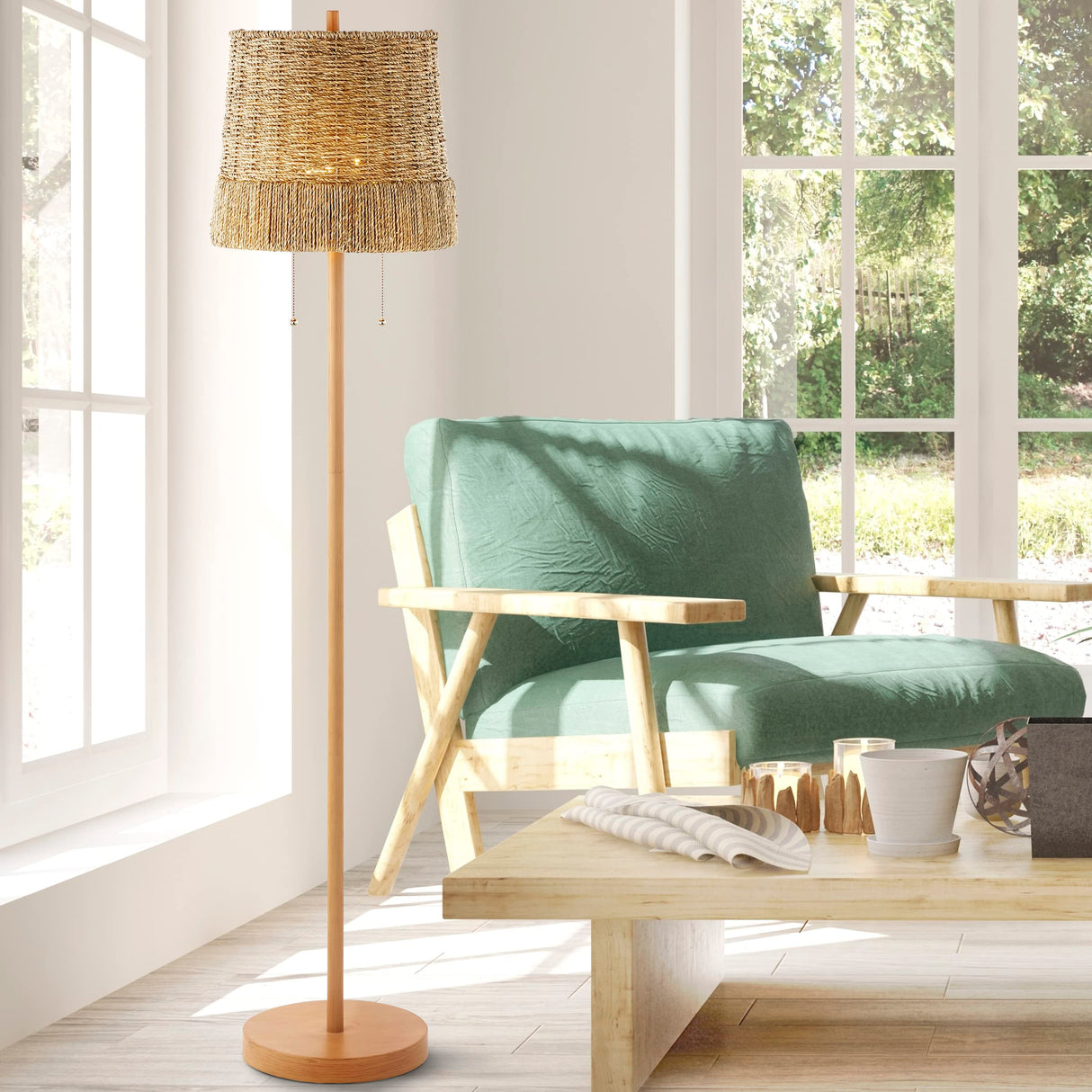 JONATHAN Y JYL3091A Ocata 61" 2-Light Coastal Bohemian Iron/Rattan LED Floor Lamp with Pull-Chain Farmhouse, Rustic Standing Reading Lamp LED Bulb Included, Brown Wood Finish JONATHAN Y