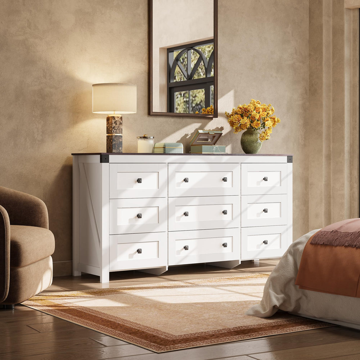 WLIVE Farmhouse Dresser for Bedroom, 63" Wide 9 Drawer Dresser Storage Organizer, Wood Chest of Drawers for Bedroom, TV Stand for 70 inch TV, for Living Room, Hallway, Ball Bearing Slide (White) WLIVE