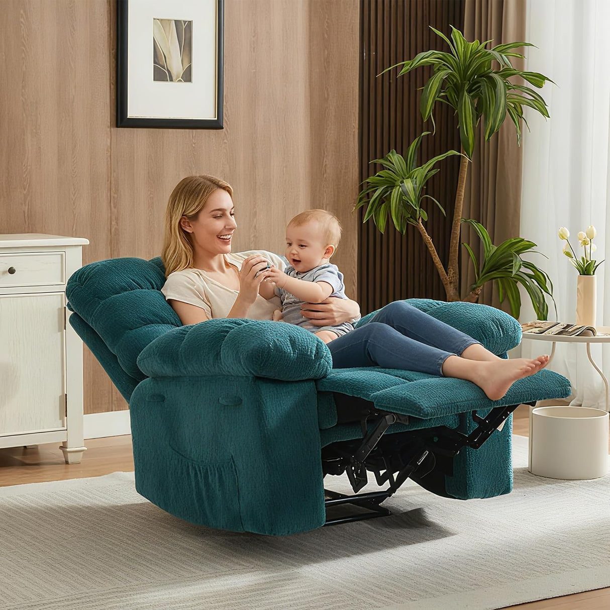 Manual Recliner Chair - Ergonomic Overstuffed Breathable Fabric Reclining Chair with Side Pockets, Q235 Steel Frame Lazy Boy Recliner Single Sofa for Living Room Bedroom(Blue) OUTGOODS