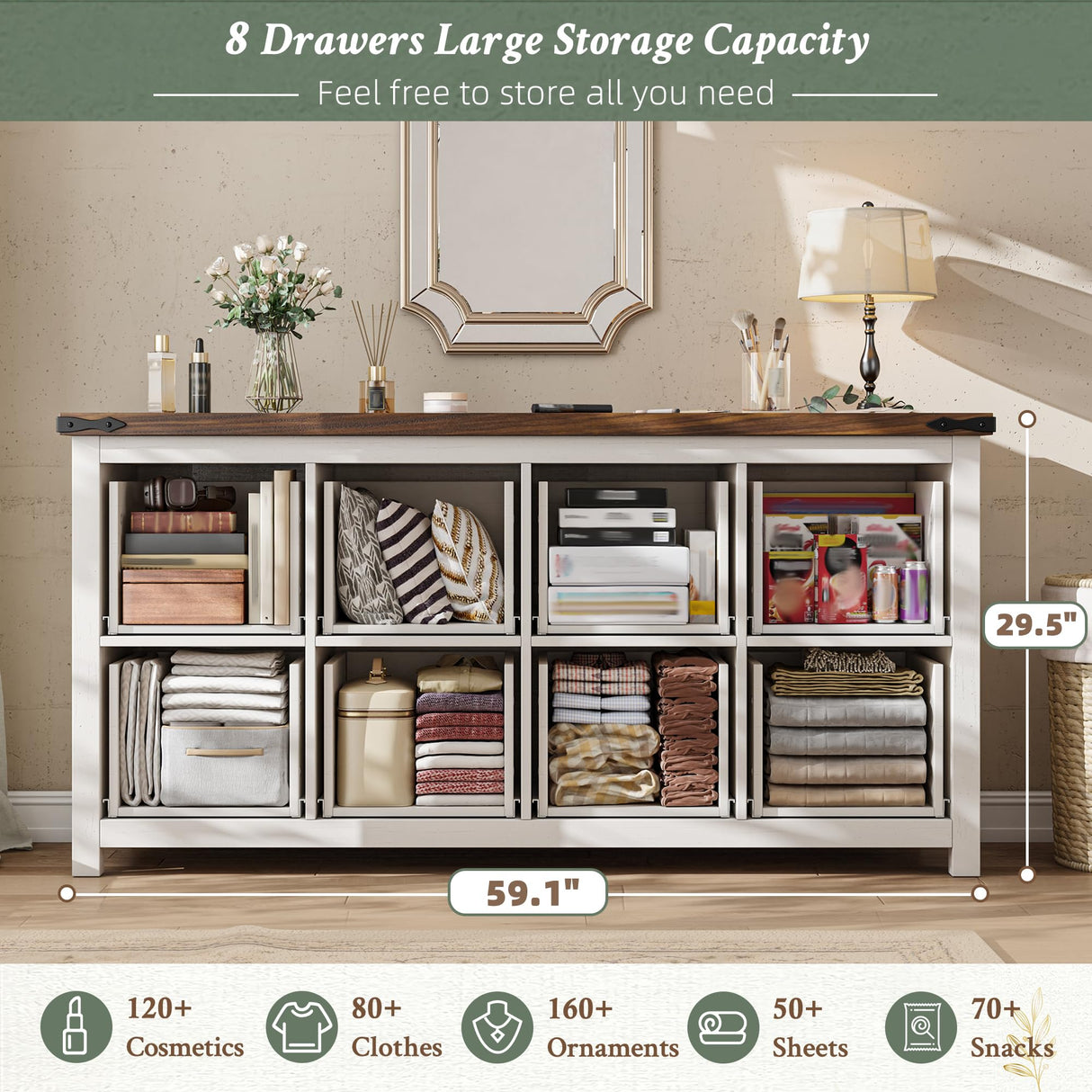 EnHomee Farmhouse 8 Drawer Dresser for Bedroom,Wood Dressers and Chests of Drawers with Texture TV Stand for Bedroom, Hallway, Closet,Antique White EnHomee