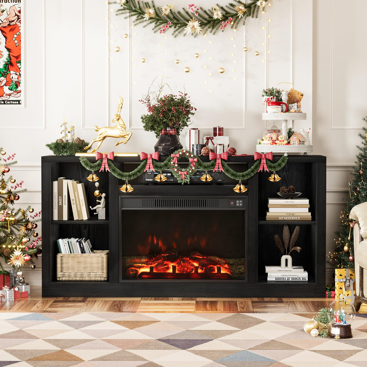 Furniwell Fireplace TV Stand for 65 Inch TV, Media Entertainment Center Console Table with 26" Electric Fireplace, Farmhouse TV Stand with Storage Cabinet for Living Room (Black) Furniwell