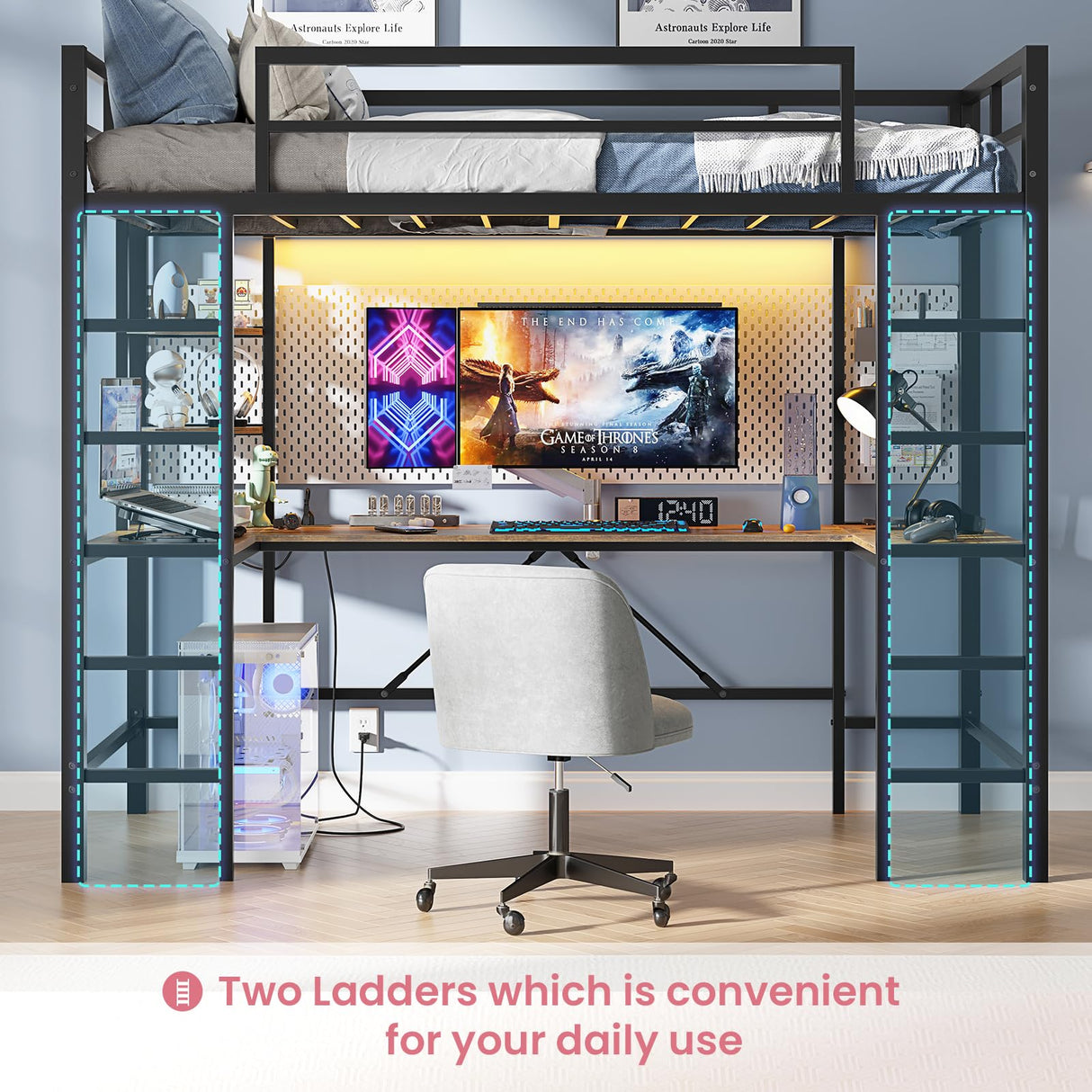 Hasuit Loft Bed with U-Shaped Desk, Charging Station &LED Lights, Metal LED Twin Loft Bed with Open Storage Shelves, Safety Guardrail & Double Ladder,No Box Spring Needed, Black Twin Size Loft Bed Hasuit