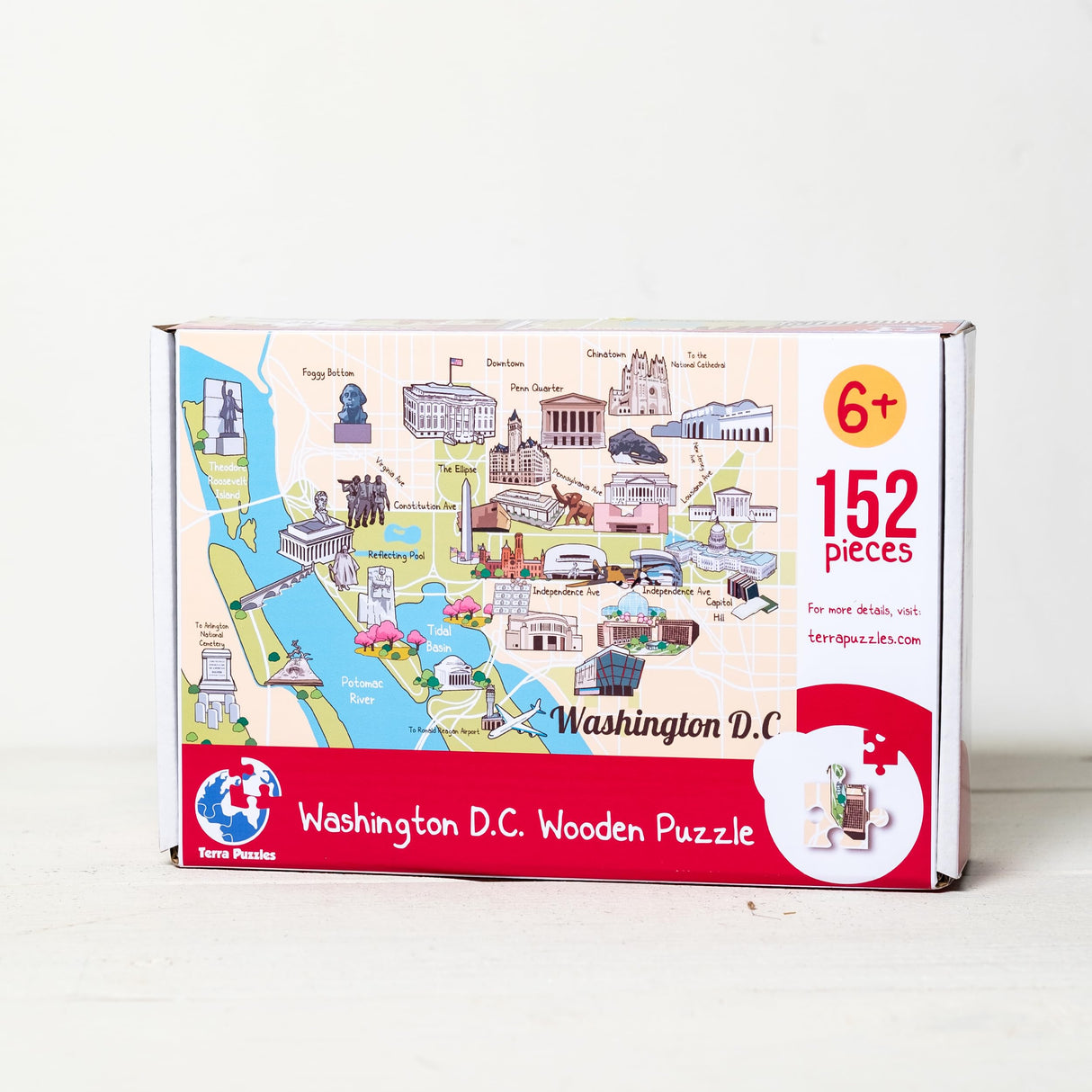 Terra Puzzles Washington DC Illustrated Map Wooden Jigsaw Puzzle - 152 Pieces | Educational Fun for Children & Adults Featuring Famous Landmarks Wood Puzzle Terra Puzzles