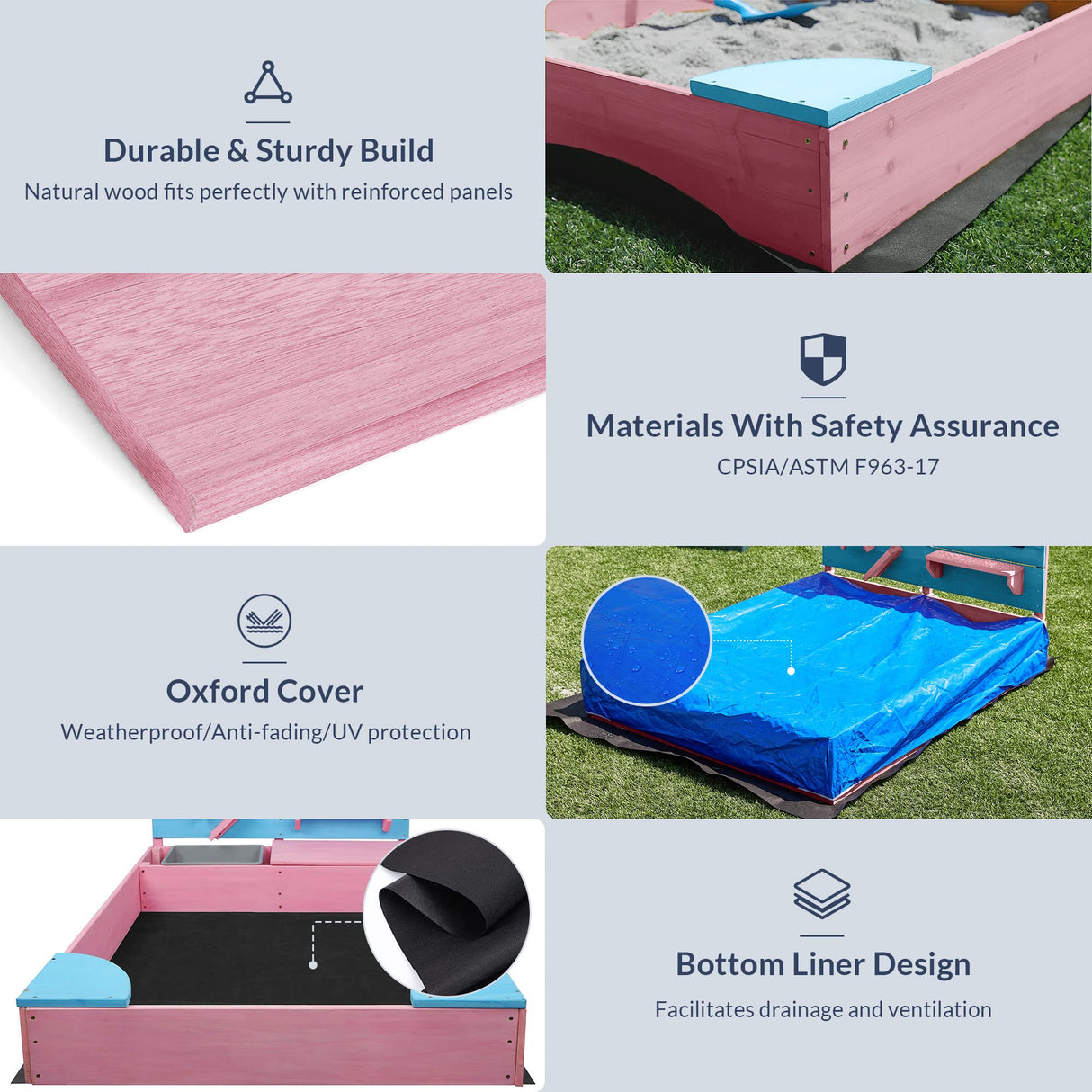 BELLEZE Wooden Sandbox, 49x39in Kids Sand Pit for Backyard, Outdoor Sandbox with Cover and Bottom Liner, Built-in Corner Seating, Bench Storage, Sand Toy Wall and Magnetic White Board (Pink) BELLEZE