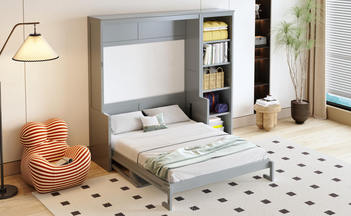 Ball & Cast Murphy Bed Chest Full Size,Hideaway Wall Bedframe with Desk and Bookshelf,Space Saving Cabinet Bed w/Shelf,Slat Support,can be Folded,Bedroom Furniture for Small Space,Gray Ball & Cast