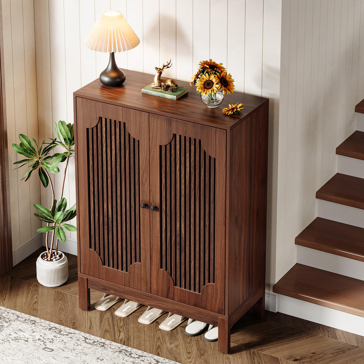 Tribesigns Shoe Cabinet with Doors, 5-Tier Shoe Storage Cabinet with Adjustable Shelves, 20 Pairs Wooden Shoe Rack Organizer, Narrow Shoe Cabinet for Entryway, Hallway, Living Room, Walnut Tribesigns
