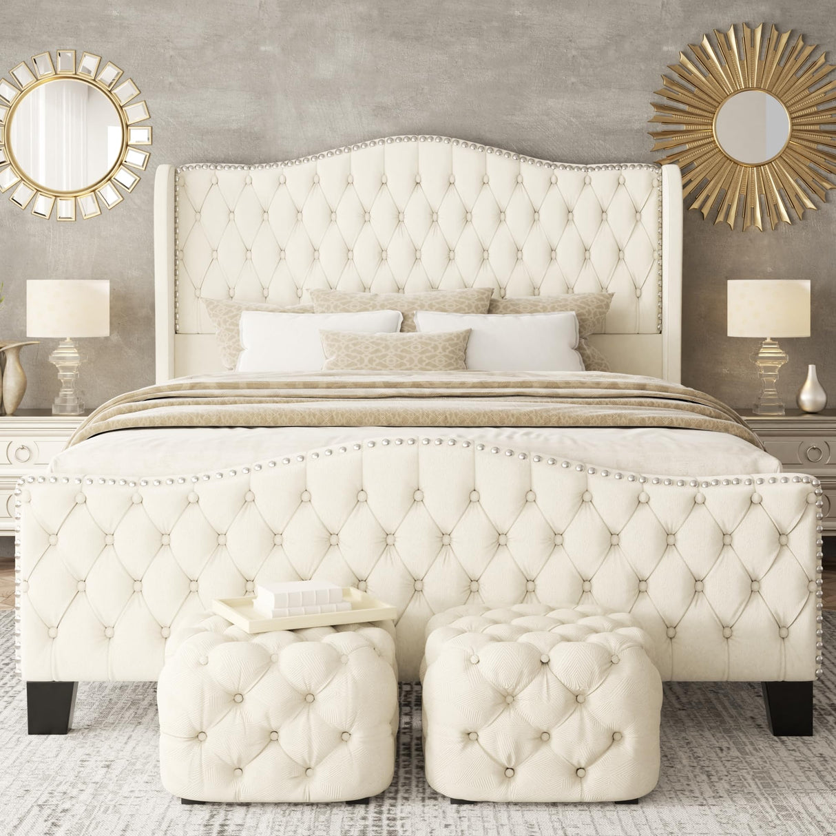 SwnftWinnt King Size Bed Frame with Tall Headboard Upholstered Bed Frame King Platform Bed Luxury Wingback Headback No Box Spring Needed, Mattress Foundation, Easy Assembly-Beige SwnftWinnt