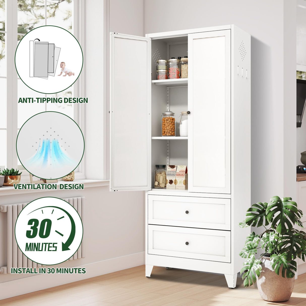 VIYET 72" Tall Kitchen Pantry Cabinet,White Metal Pantry Cabinet with 2 Drawers & 2 Adjustable Shelves,Utility Storage Cabinet Rust-Resistant for Living Room,Dining Room,Bathroom,Garage,Basement VIYET