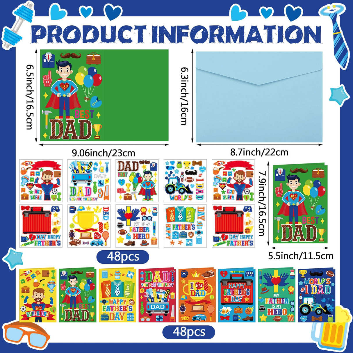 Fullhawl 48 Set Father's Day Card Making Kits DIY Father's Day Craft with Stickers and Envelopes Make Your Own Greeting Card Handmade Dad Gift for Party Home Activities Fullhawl