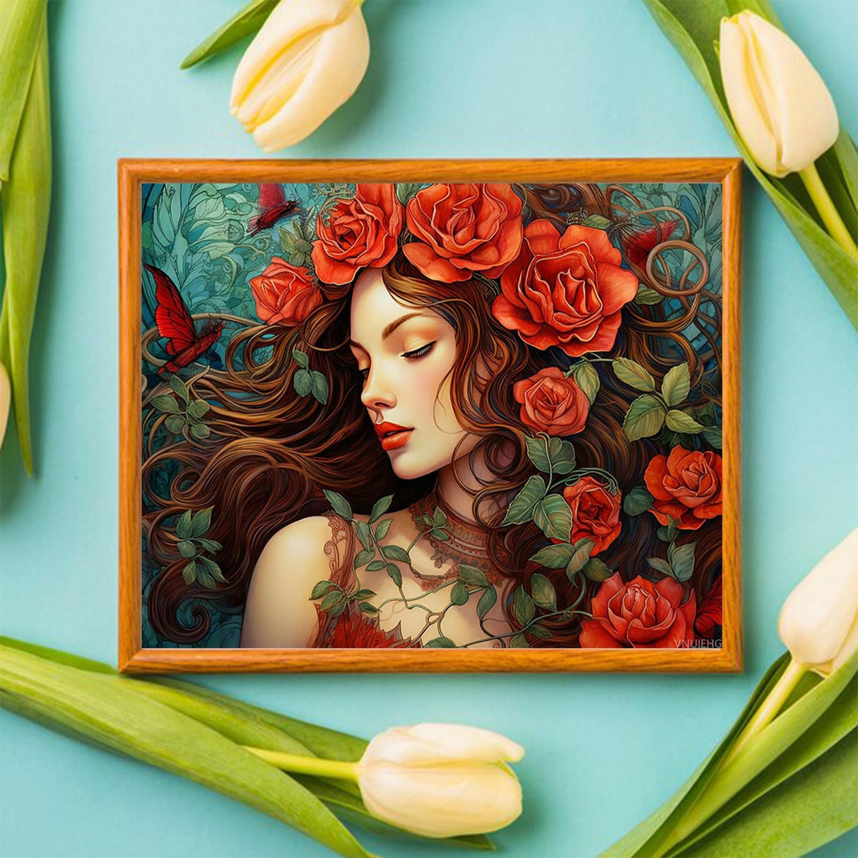 VNUIEHG Red Roses Paint by Numbers Kits 16x20 inch Canvas DIY Digital Oil Painting for Adults with Brushes and Acrylic Pigment, Flowers and Beautiful Women Picture for Home Decor Gift (Without Frame) VNUIEHG