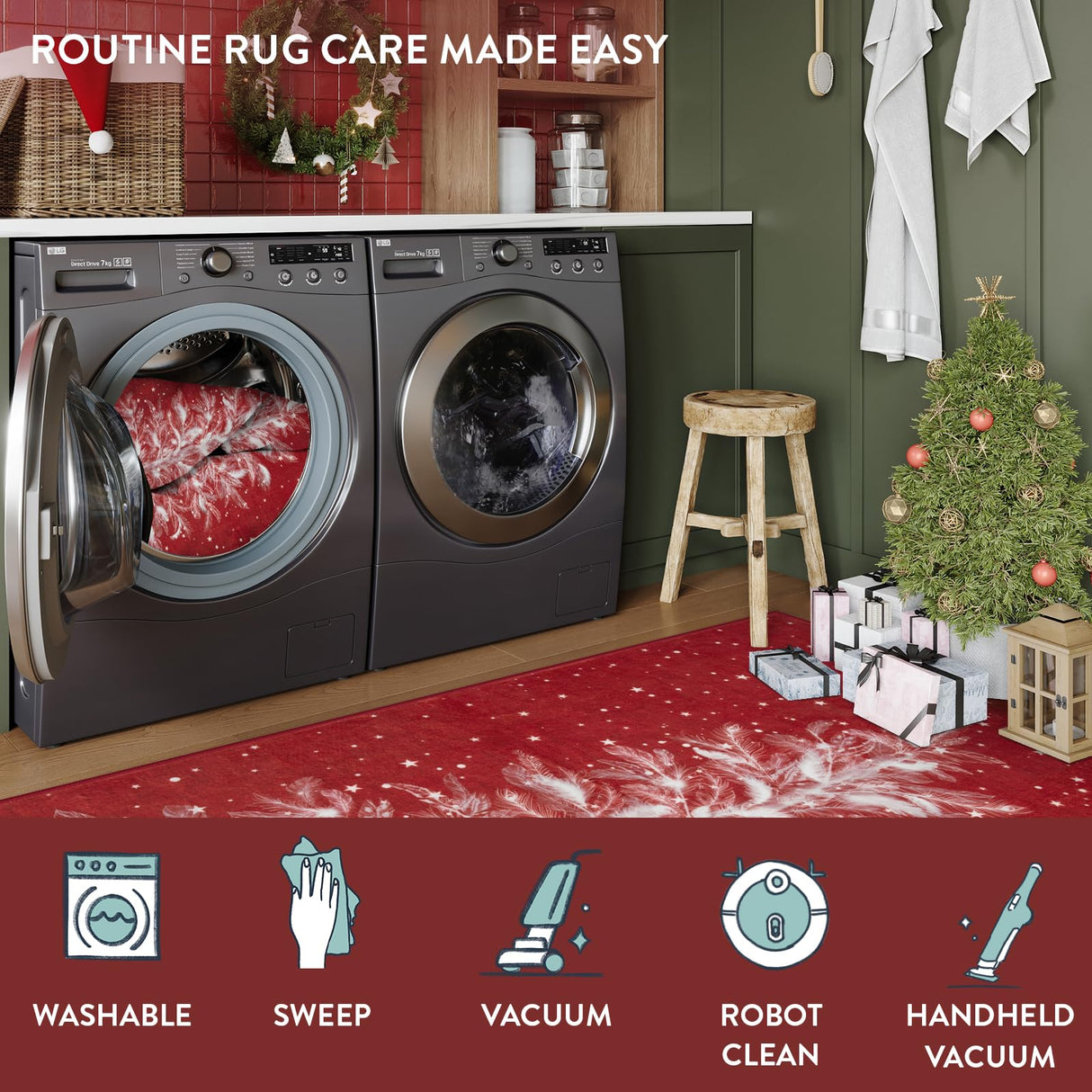 Lahome Christmas Rugs 5x7 Area Rug Washable Rug for Bedroom, Red Soft Nursery Rug Non-Slip Stain Resistant Living Room Rugs, Christmas Tree Print Holiday Decor Untra-Thin Carpet for Office Lahome