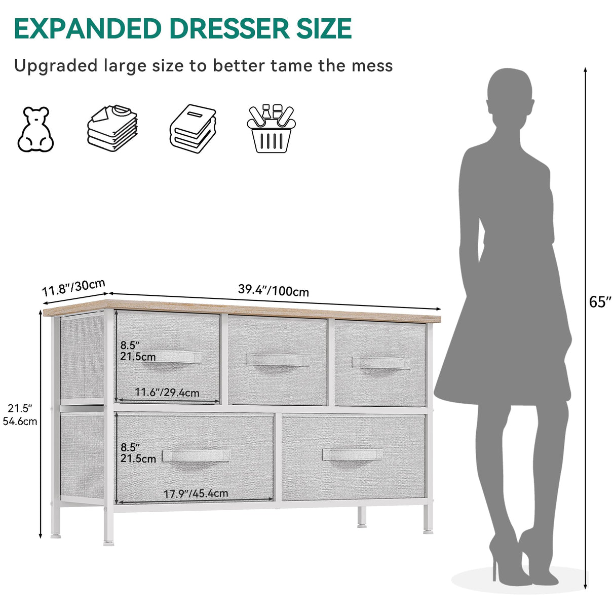 YITAHOME Dresser with 5 Drawers - Fabric Storage Tower, Organizer Unit for Bedroom, Living Room, Closets - Sturdy Steel Frame, Wooden Top YITAHOME