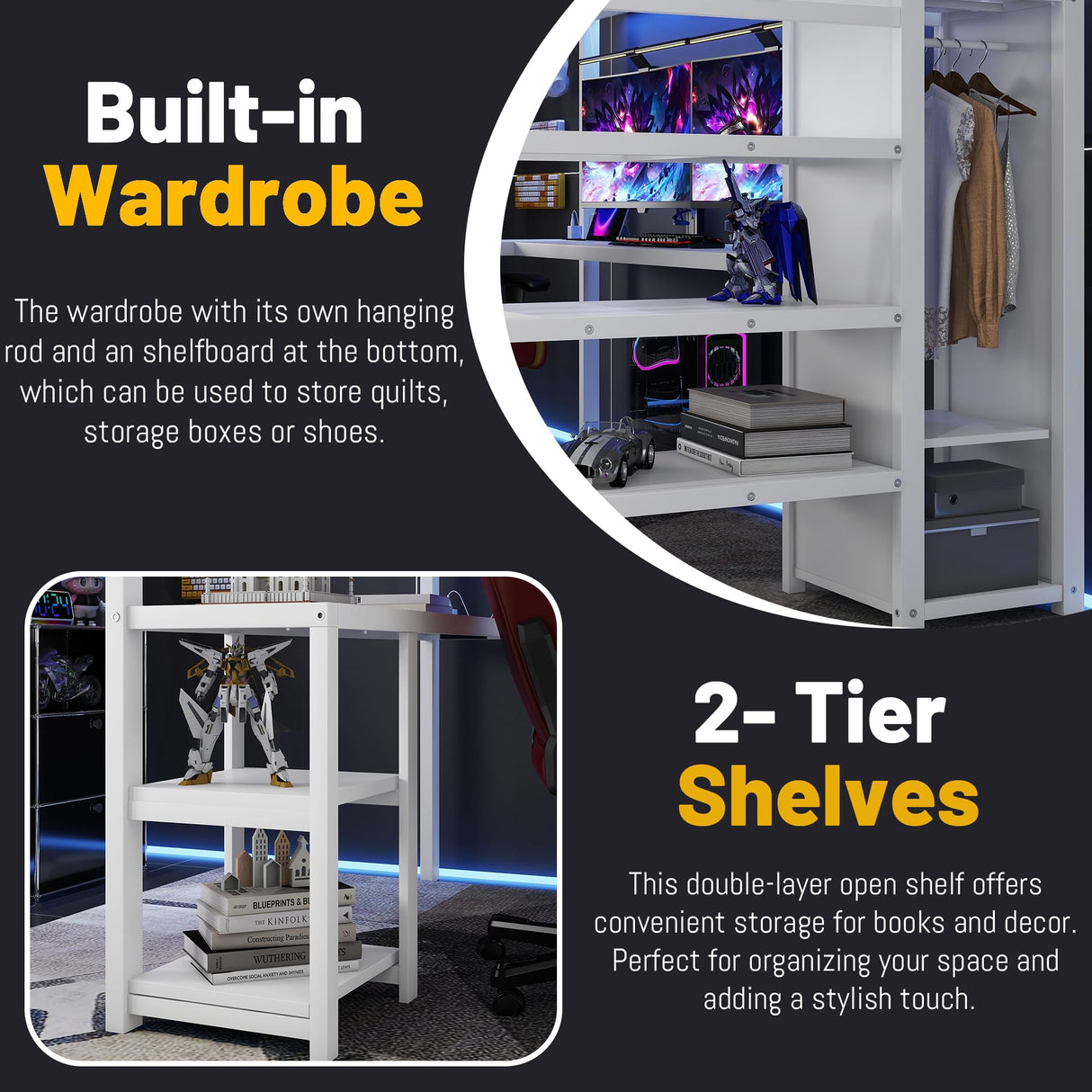 Queen Loft Bed with Stairs and Desk,Heavy Duty Metal Queen Size Loft Bed Frame for Adults with Wardrobe and Shelf, Gaming Bed with LED and USB for Teens Girls Boys,No Noise, White MoproBeti