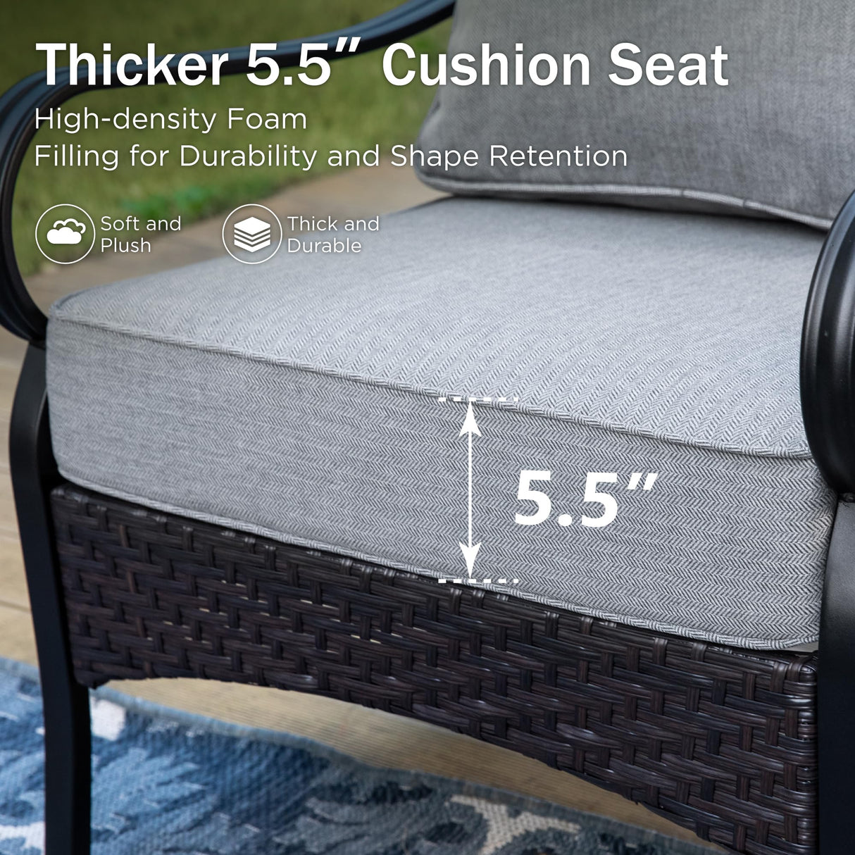 PHI VILLA Outdoor Modern Patio Furniture Set, Upgraded Wicker&Metal Patio Furniture Conversation Set with Waterproof Thick Cushions for Porch, Poolside, Deck, and Yard (5 Pieces,Grey) PHI VILLA