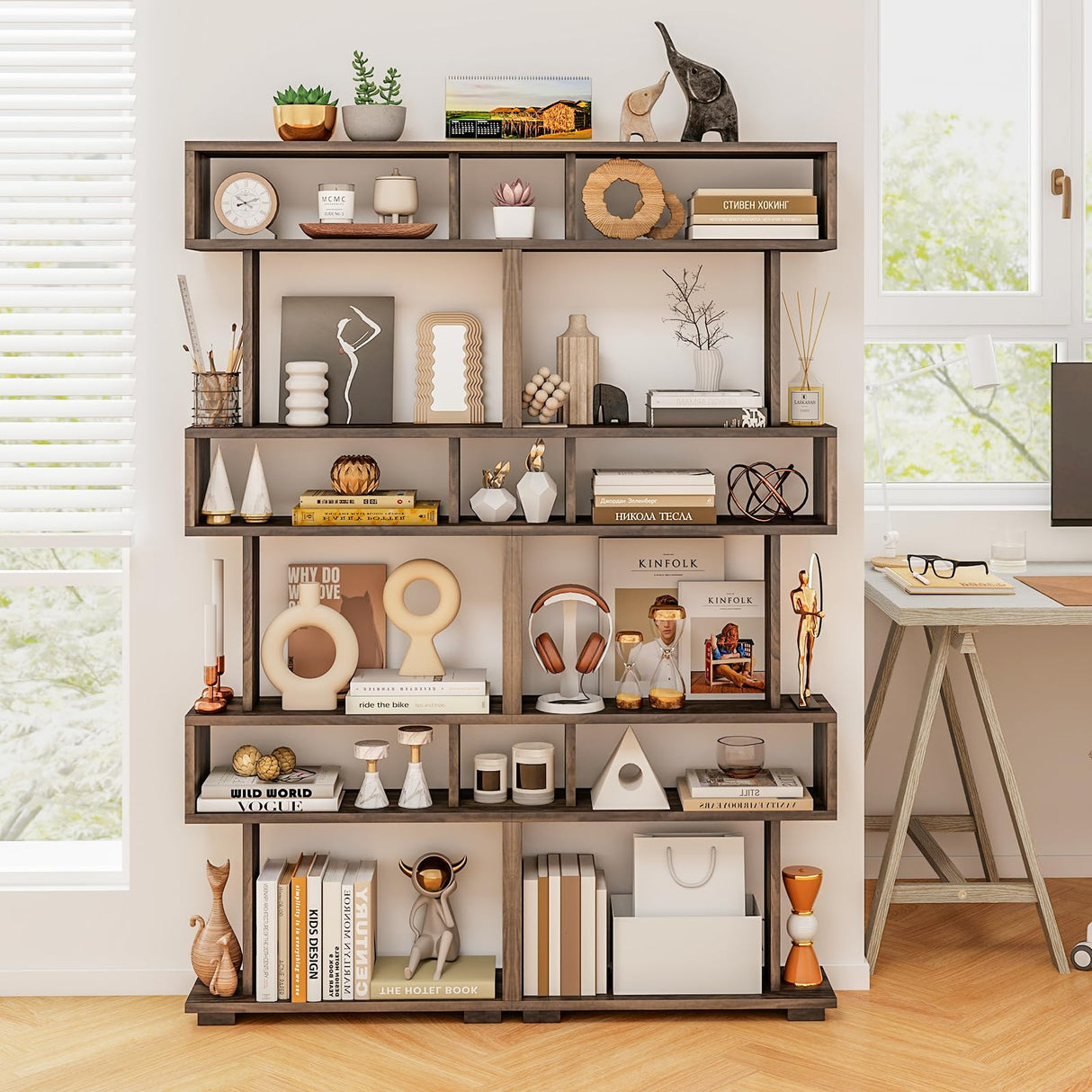 Tangkula 6-Tier S Shaped Bookcase, 64" Tall Modern Geometric Bookshelf with Anti-Tipping Kit, Home Office Freestanding Decorative Storage Display Shelf Room Divider for Living Room Study (1, Walnut) Tangkula