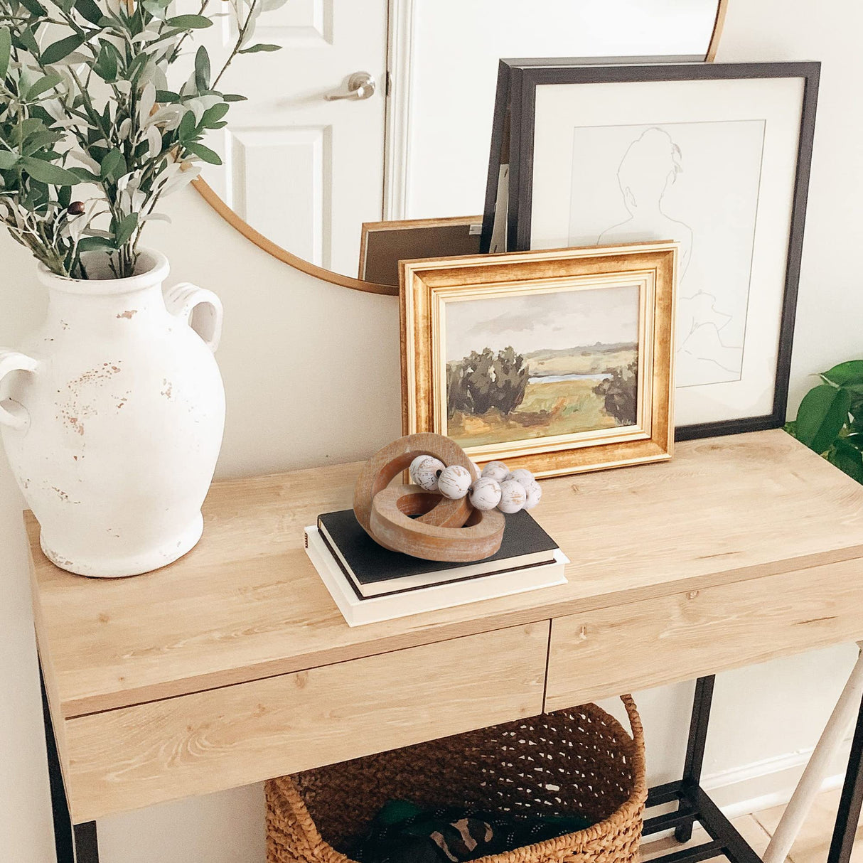 Oakrain Rustic Wood Chain Link for Home Decor, Handmade Carved 3 Link Wood Knot & Wood Beads, Natural Boho Farmhouse Table Decor, Best Housewarming Gifts (2 Pcs, 8.7inch) Oakrain