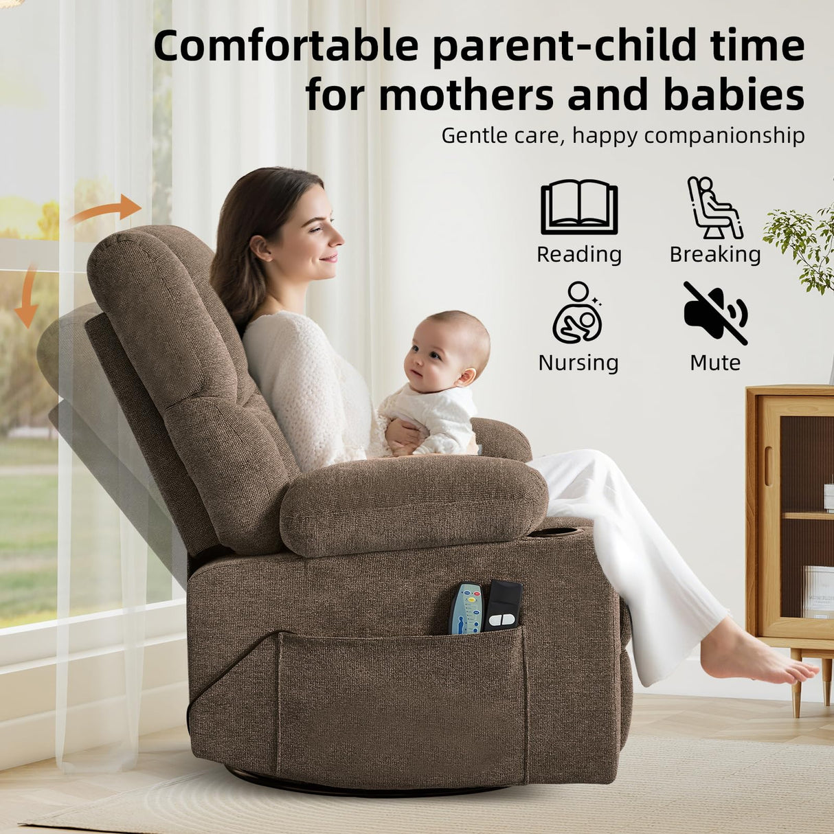 IOMOR Power Recliner Chair with Massage and Heating, 360° Swivel Rocker Glider Chair for Adults, Upholstered Fabric Reclining with Side Pockets and Cup Holder for Living Room, Nursery (1, Brown) IOMOR