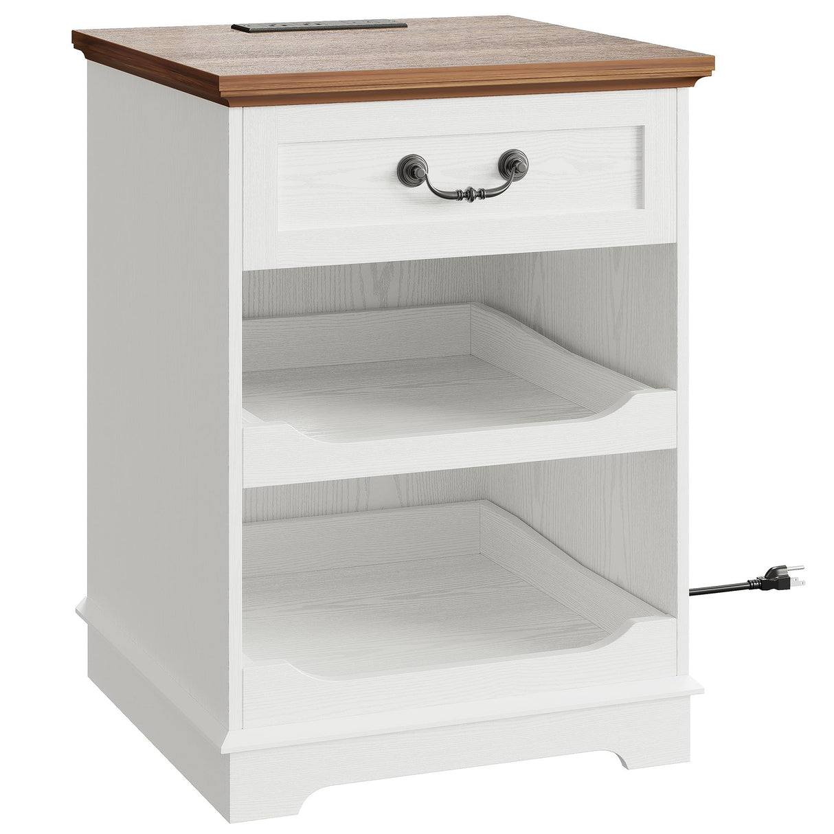 IRONCK Farmhouse Nightstand with Charging Station, Wooden Nightstands with Drawers, Bedside Table with Adjustable Storage Shelves for Bedroom, White IRONCK