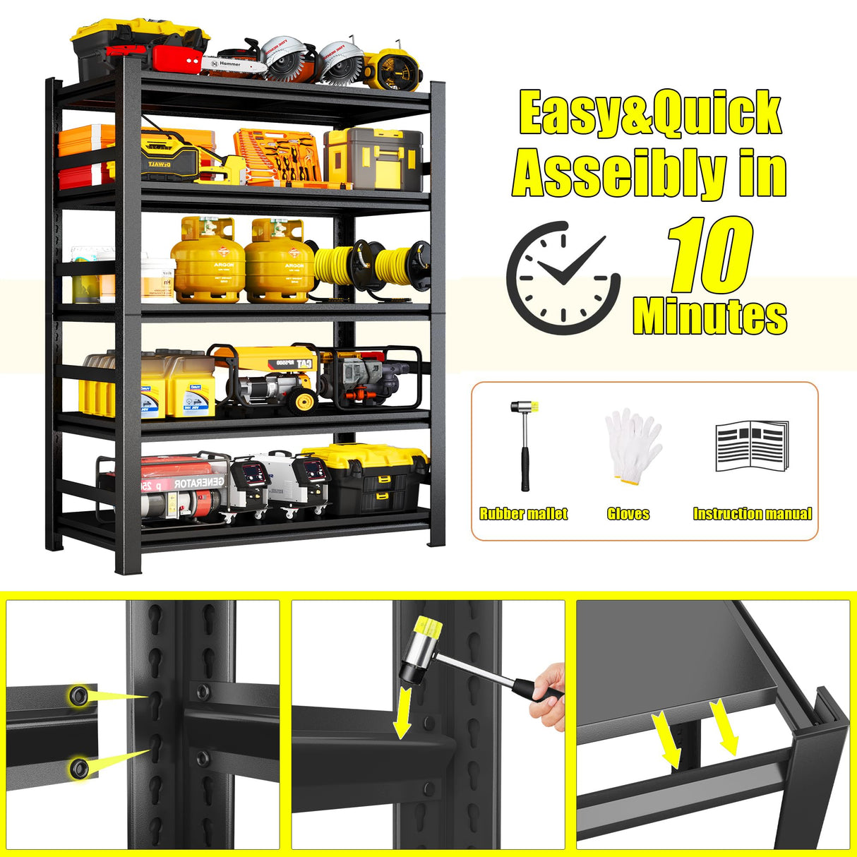 72''H Garage Storage Shelves Heavy Duty Garage Shelving Units, 3000 LBS Steel Industrial Shelving, Adjustable 5-Tier Metal Utility Shelf Organizer for Warehouse, Basement, Black (72''Hx36''Wx16''D) ErgoNova