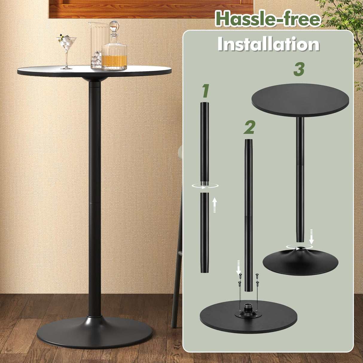 COSTWAY Round Bistro Table Set of 2, Height Adjustable Bar Height Cocktail Table, High Top Pub Table Snack Table with Heavy-Duty Metal Base for Home Bar, Dining Room, Restaurant, Black COSTWAY